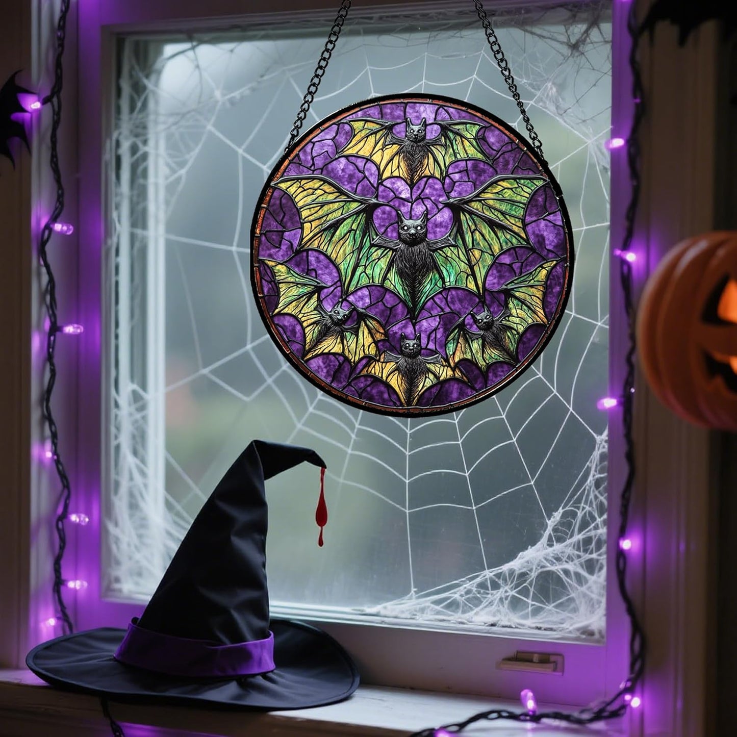 Stained Glass Window Hanging - Halloween Decorations Bats Suncatcher for Doors Garden Indoor Spooky Funny Purple Sun Catchers Gothic Decor Horror Gifts for Women Men Friend 6.3 in