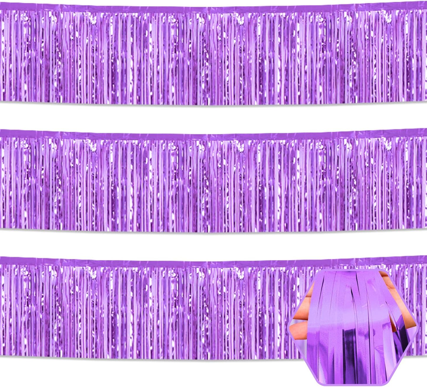 3 Pack 10 Feet Light Purple Foil Fringe Garland Metallic Tinsel Streamers Banner Wall Hanging Curtain Backdrop for Parade Floats, Christmas, Thanksgiving, Birthday Party Decorations