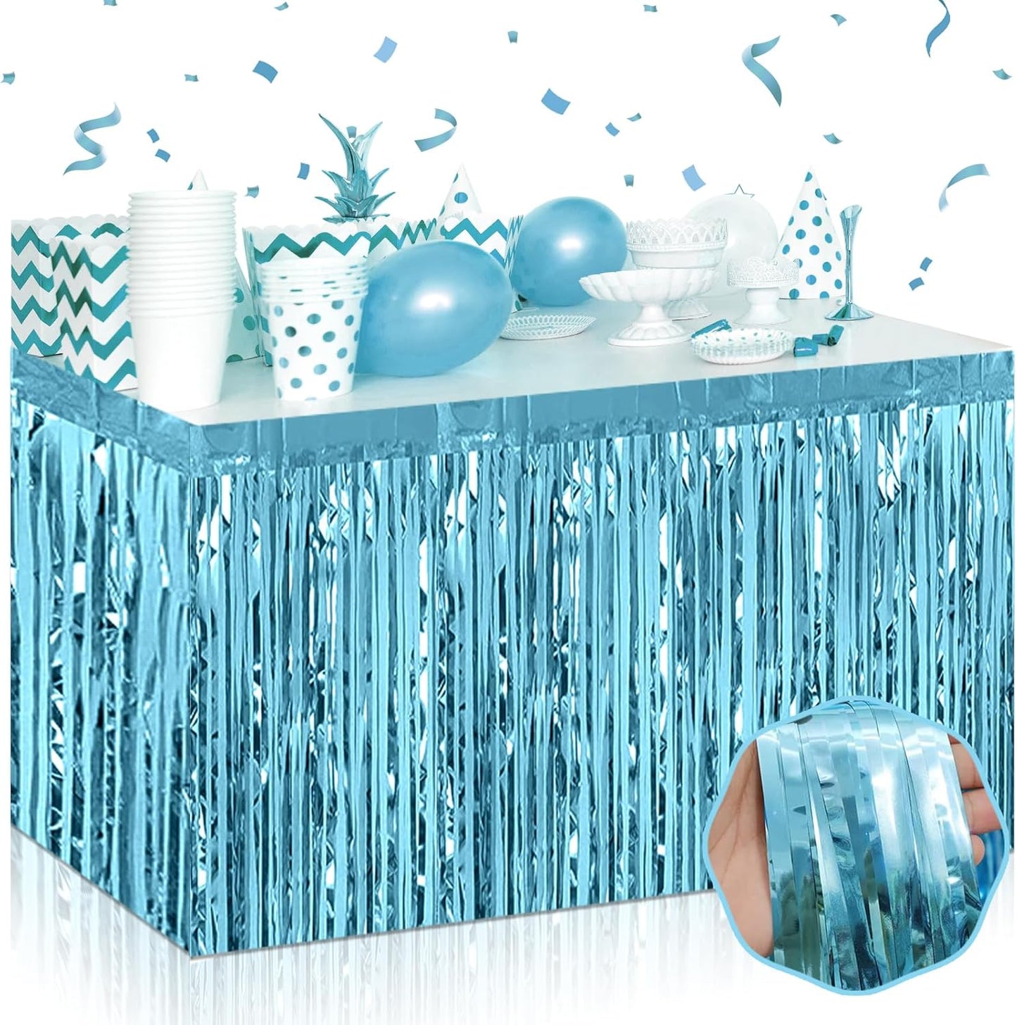 3 Pack 29 x108 Inch Light Blue Foil Fringe Table Skirts Metallic Banner for Tinsel Streamer Garland Backdrop for Parade Floats Wedding Thanksgiving Birthday Christmas New Year Party Decoration