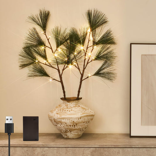 Fudios Lighted Pine Branches with Timer 32IN Battery Operated or USB Plug in, Lit Willow Branches with Lights for Christmas Fireplace Mantle Decor