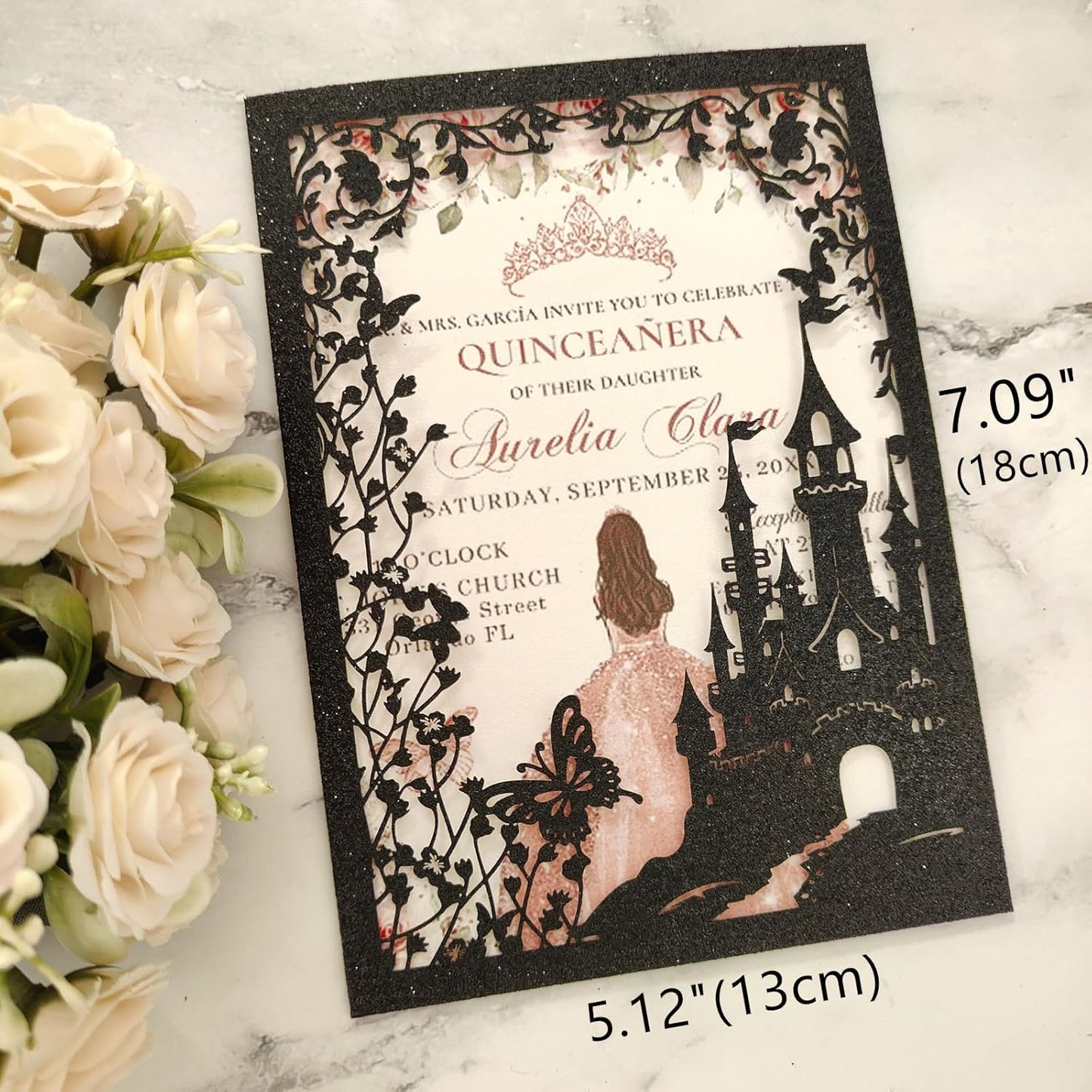 20PCS Castle Pocket Invitations, Quinceanera Invitations with Envelopes, Princess Invitation, Laser Cut quince invites (glitter black)