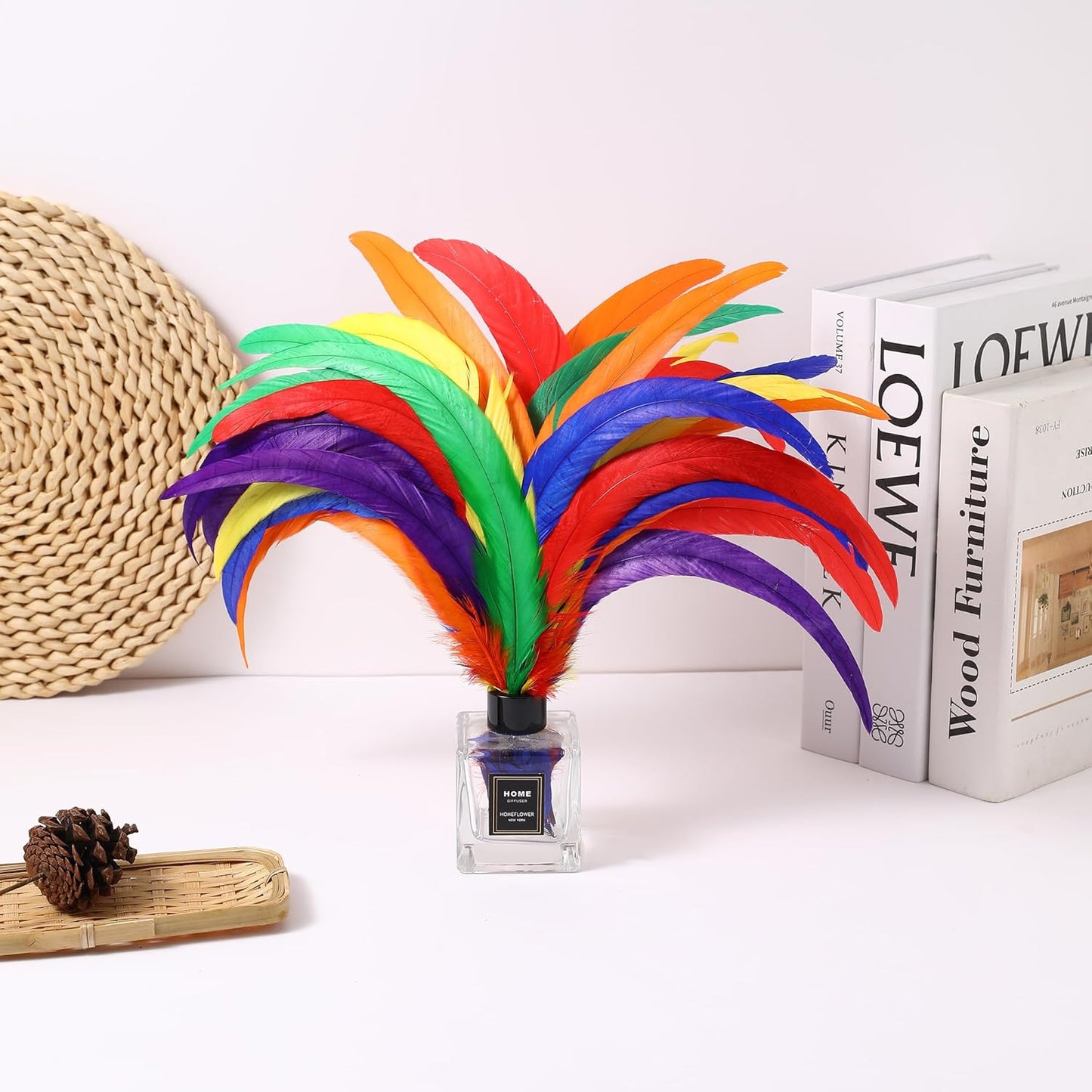 Holmgren Colorful Rooster Tail Feathers - 60pcs 12-14inch Natural Long Rooster Tail Feathers Bulk for DIY Crafts Hats Costume, Holiday Themed Party Decoration (Colorful)