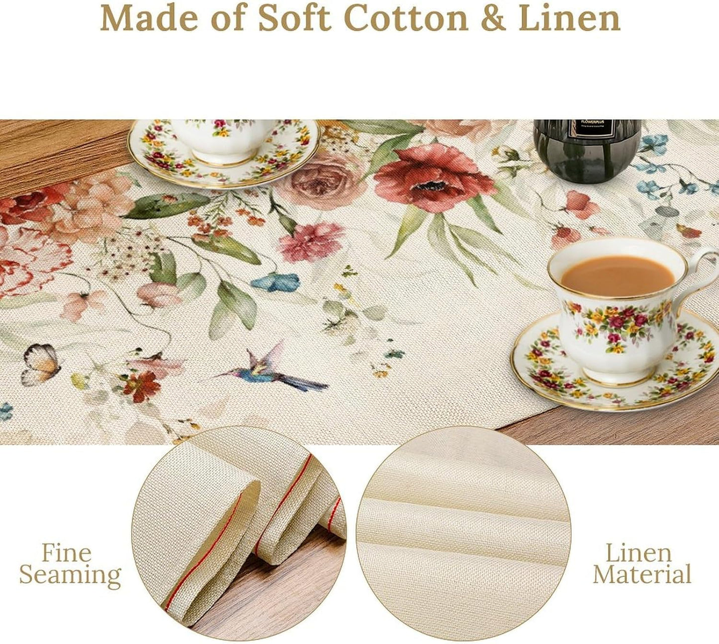 Rustic Floral Table Runner, Watercolor Flower Leaves Hummingbird Butterfly Farmhouse Kitchen Dinning Table Runner for Indoor Outdoor Home Wedding Party Holiday, 13x120 Inch