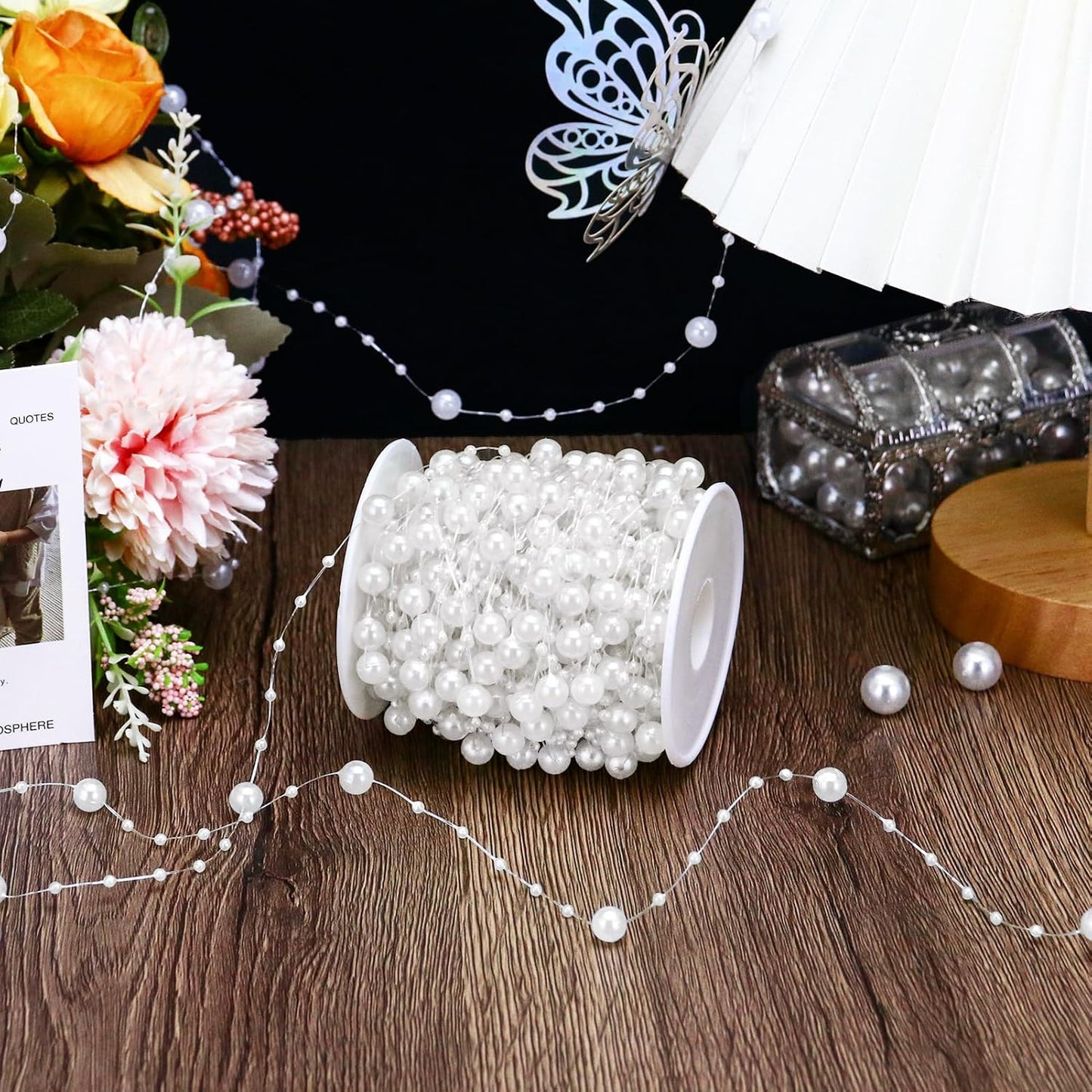 99 Feet Fishing Line Artifical Pearl Strings for Crafting, Faux Pearl Garland Strands for Floating Candle Vases Filler Wedding Centerpiece Bouquet Christmas Tree Party Decoration, White