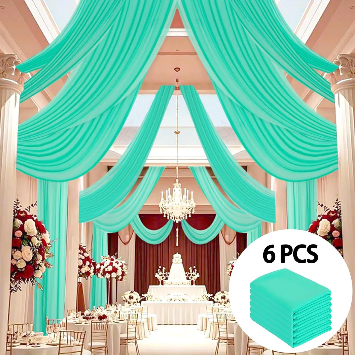 DUOBAO 5FTx20FT Mint Chiffon Ceiling Drapes | Elegant Wedding Backdrop | 6 Panels Sheer Curtains for Banquets, Graduations, and Proms