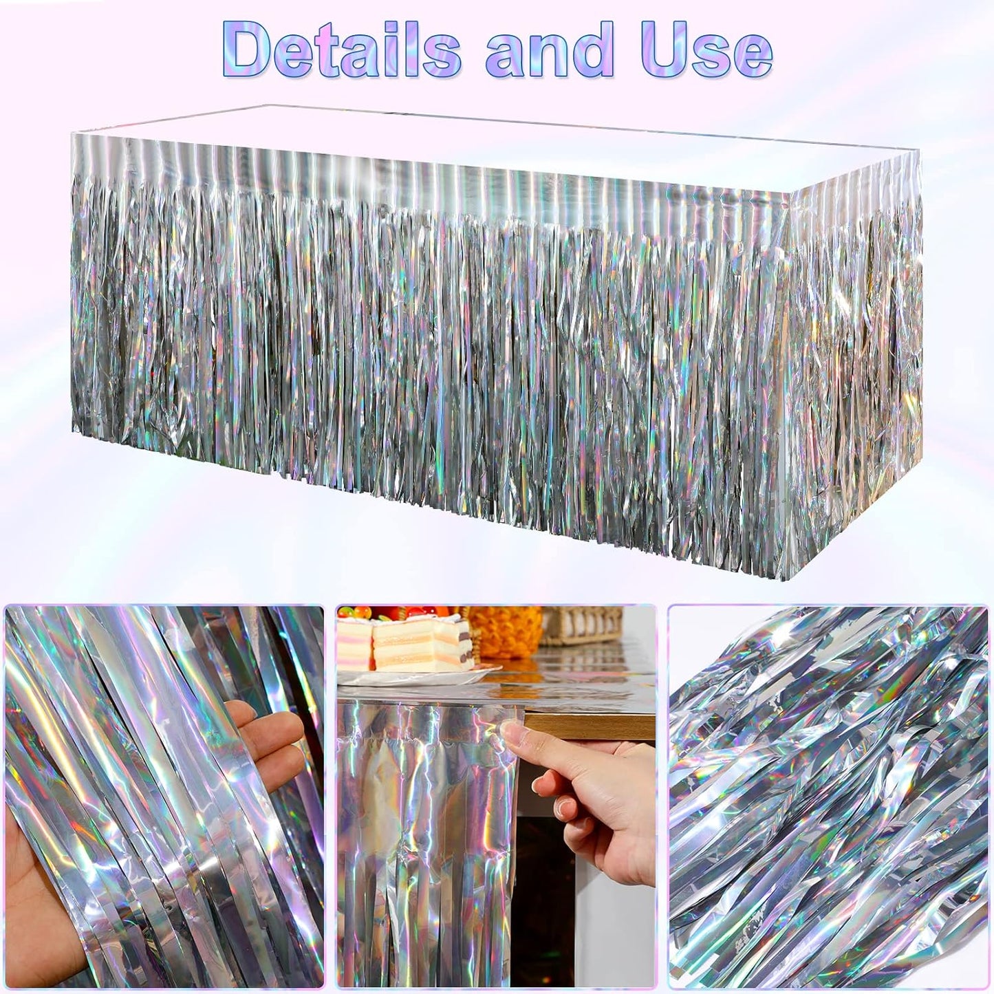 4 Pack Iridescent Table Skirt, Metallic Foil Fringe Tinsel Table Skirts for Rectangle Tables, Disposable Laser Rainbow Table Skirt Iridescent Party Decorations for Birthday Wedding Holiday, 29x108Inch