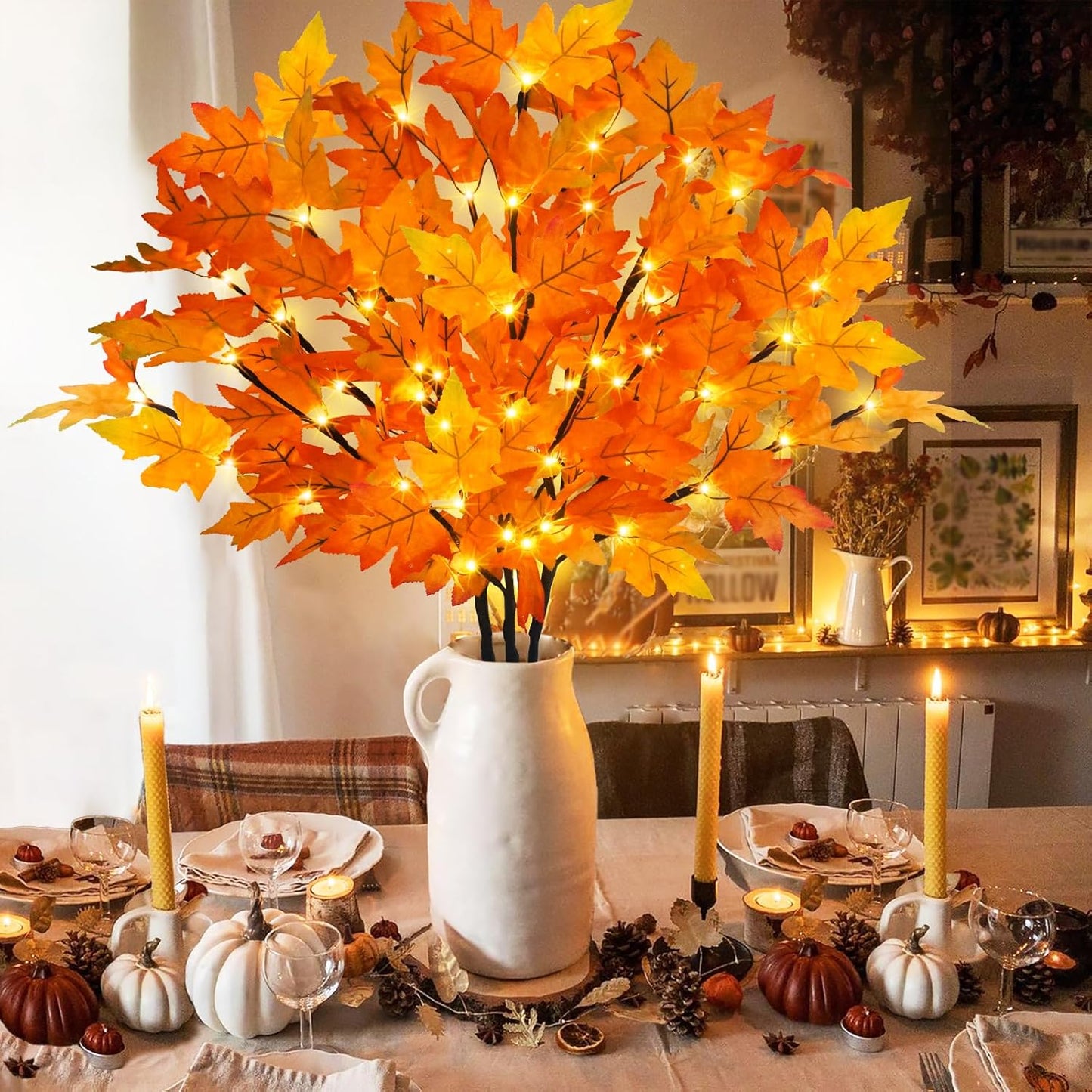 3Pcs 30”Lighted Maple Leaves Branches Stems with Timer Battery Operated 60 LEDs Fall Artificial Maple Branches with Lights for Vases Autumn Home Thanksgiving Halloween Christmas Decoration