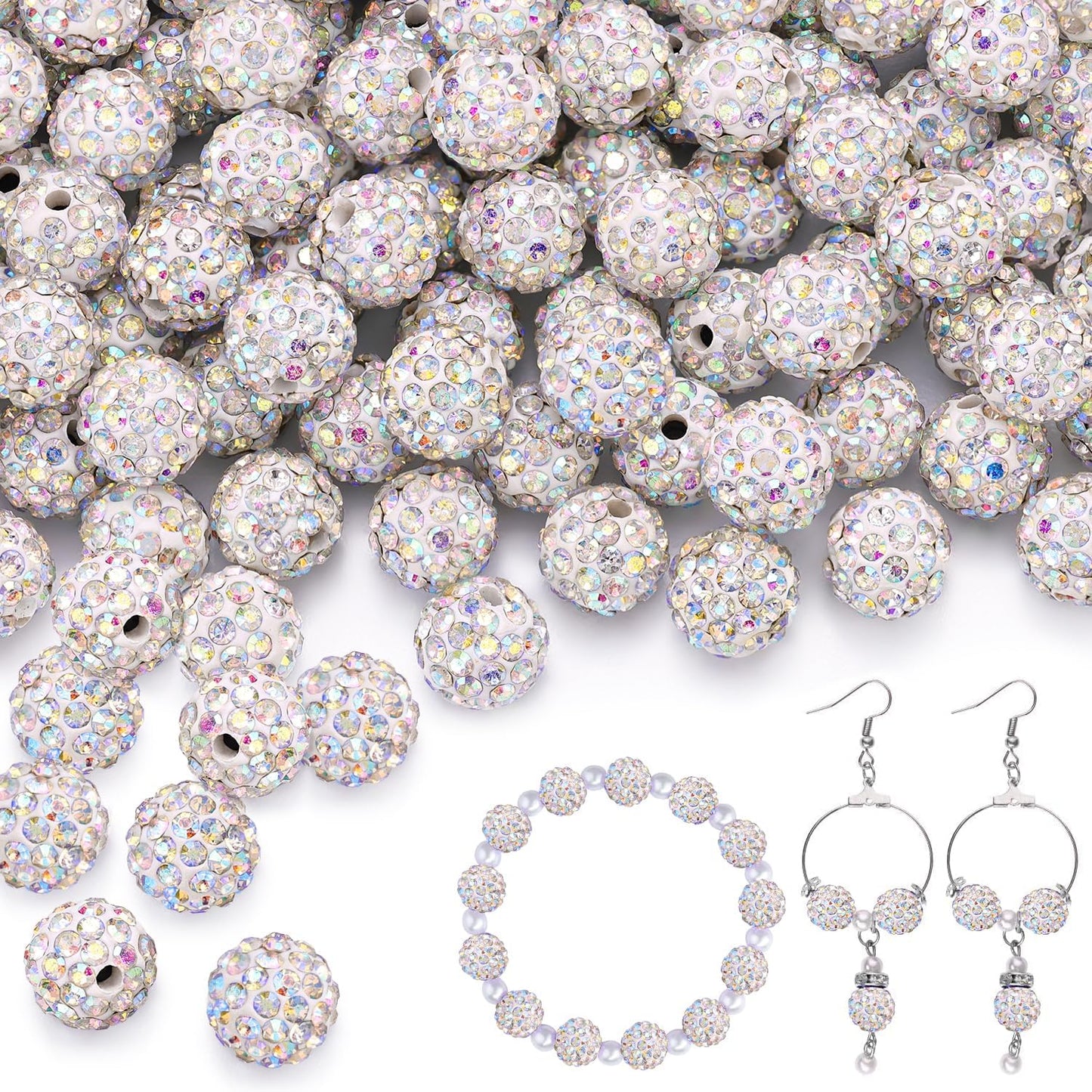 200pcs 10mm Crystal AB Rhinestone Beads for Jewelry Making, Shiny Round Shamballa Disco Ball Beads Bulk, Sparkle Crystal Clay Christmas for Bracelet Baseball Necklace Earring Crafting and DIY