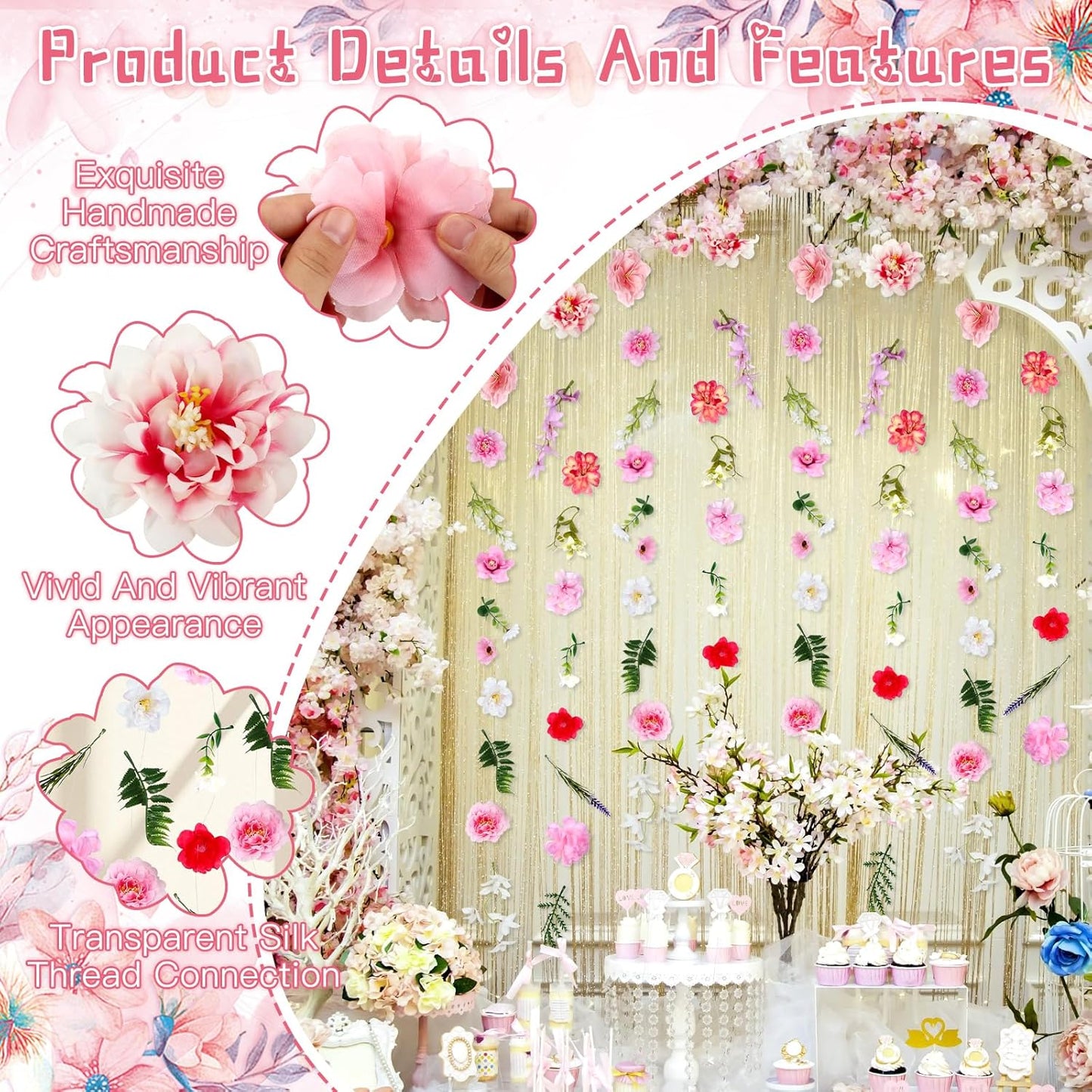 6 PCS 35.4 ft Artificial Hanging Flower Garland, Floral Vines Hanging Flowers for Decoration with Hooks, Wildflower Garland for Wedding Party Background, Birthday, Baby Shower, Home, Garden