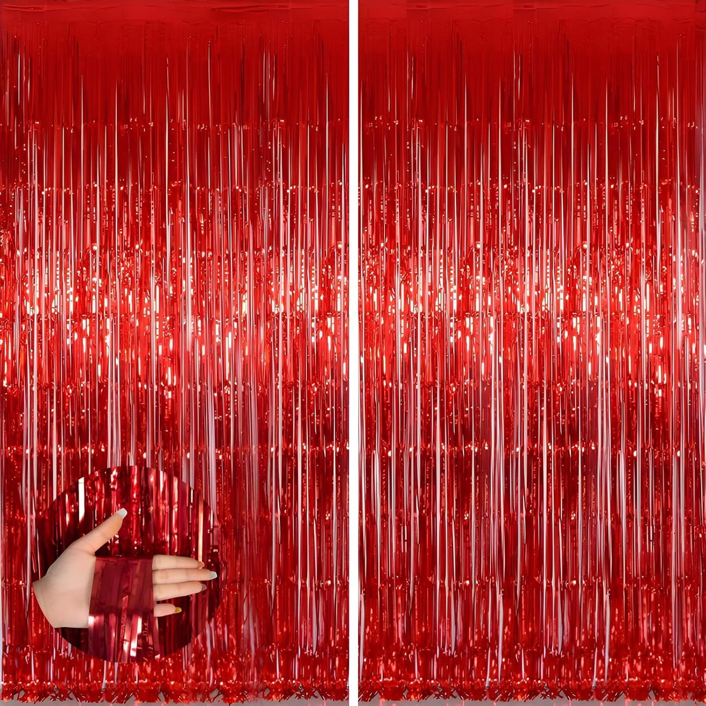 Keyali 2 Pack 3.3 * 8.3 ft Foil Curtain Metallic Tinsel Fringe Curtains Photo Booth Props Backdrop for Birthday Wedding Engagement Baby Shower Christmas Holiday Celebration Partyl,Red