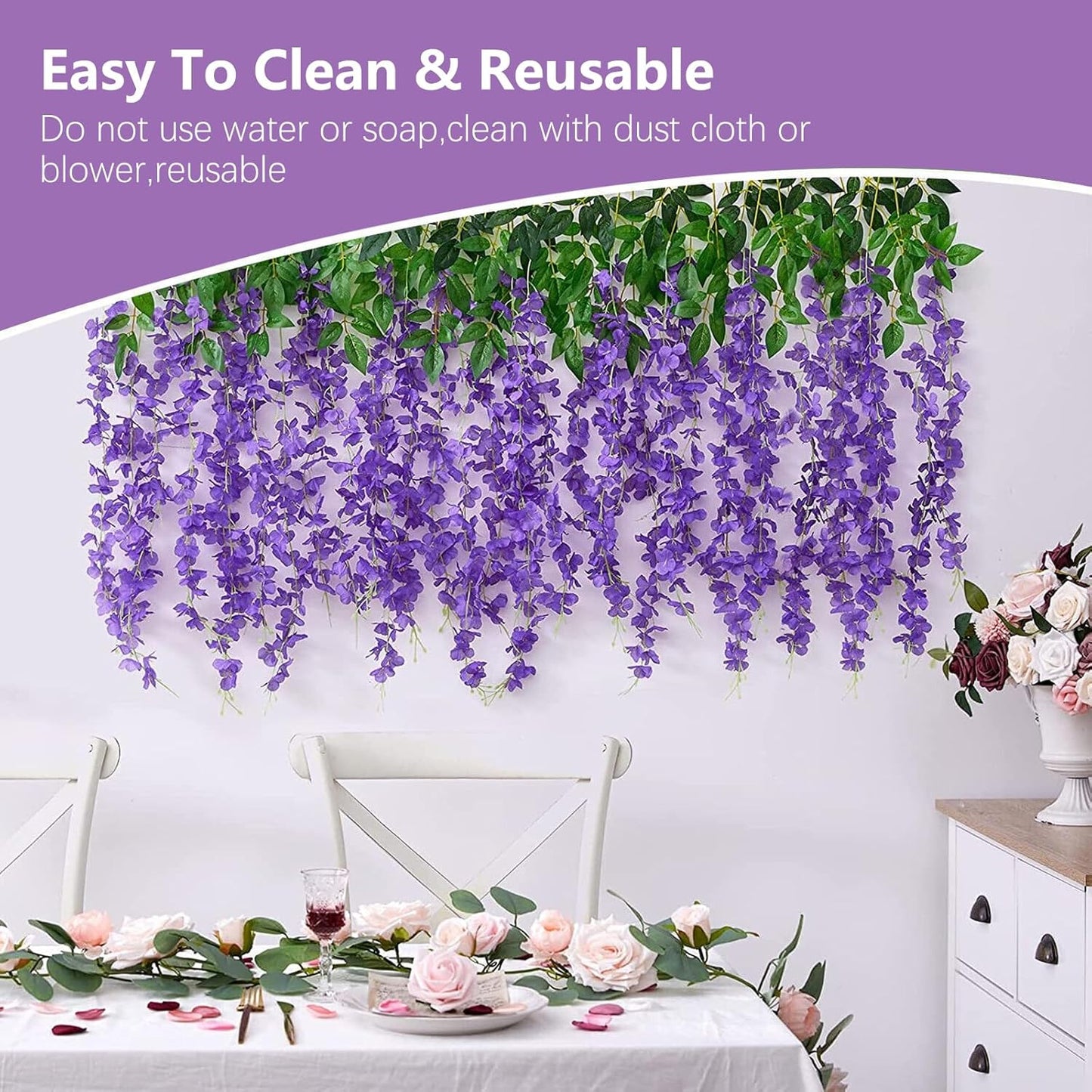 12 Pack Purple Wisteria Hanging Flowers, 3.44 Ft Fake Hanging Flowers, Artificial Wisteria Garland Vines for Wedding Room Backdrop Outdoor Patio Garden Decoration