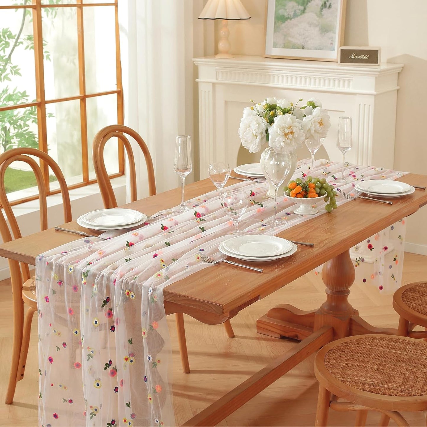 Champagne Embroidery Daisy Fall Table Runner 120Inch 10FT Florals Soft Sheer Tulle Fabric Table Runner for Home Decor, Brithday, Wedding, Baby Shower ,Holiday ,Parties, DIY Craft,1PC