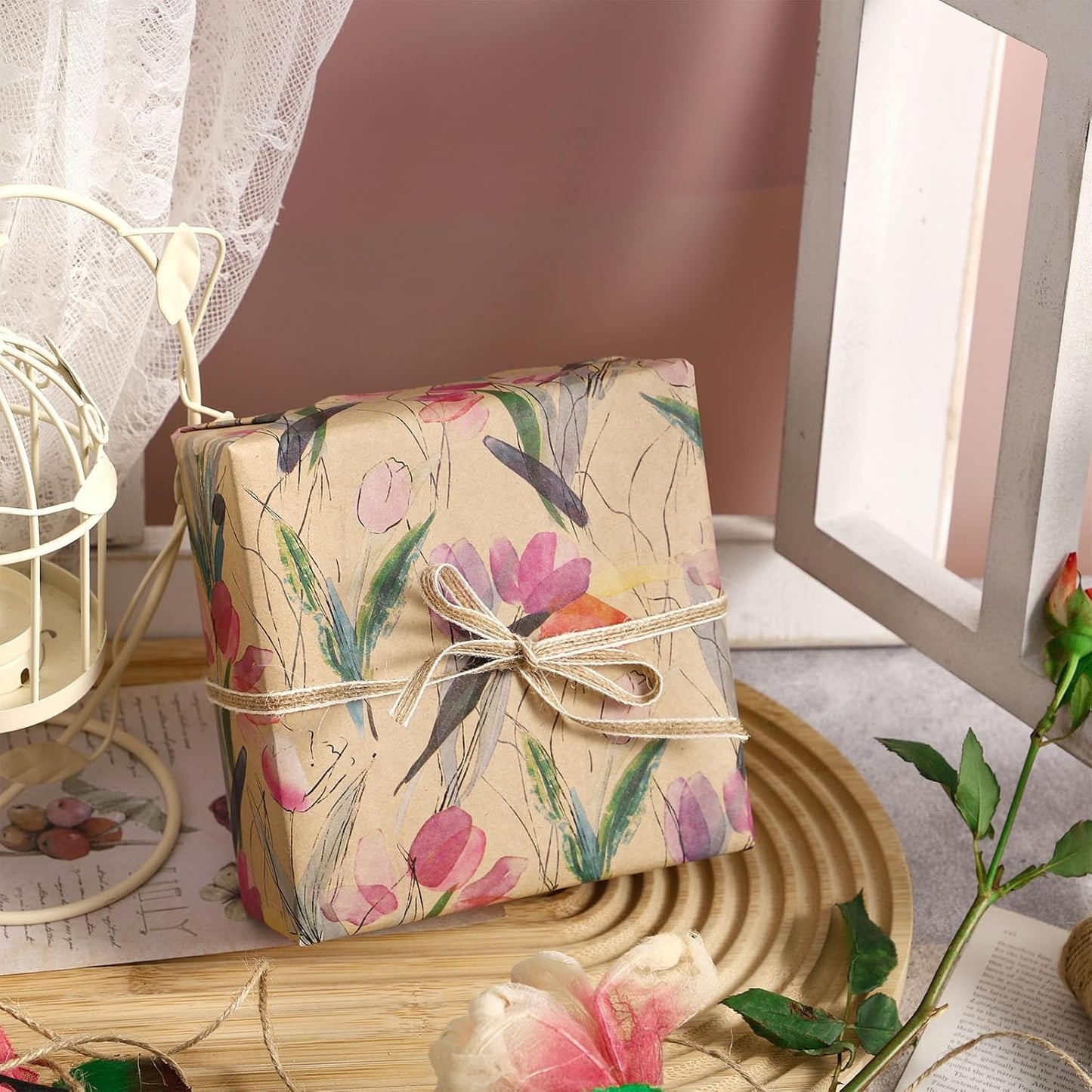 RUSPEPA Tulips Floral Wrapping Paper Roll, Watercolor Gift Wrap, Mini Roll Kraft Paper Roll for Girls, Spring, Summer, Wedding and Birthday 17 Inches x 32.8 Feet