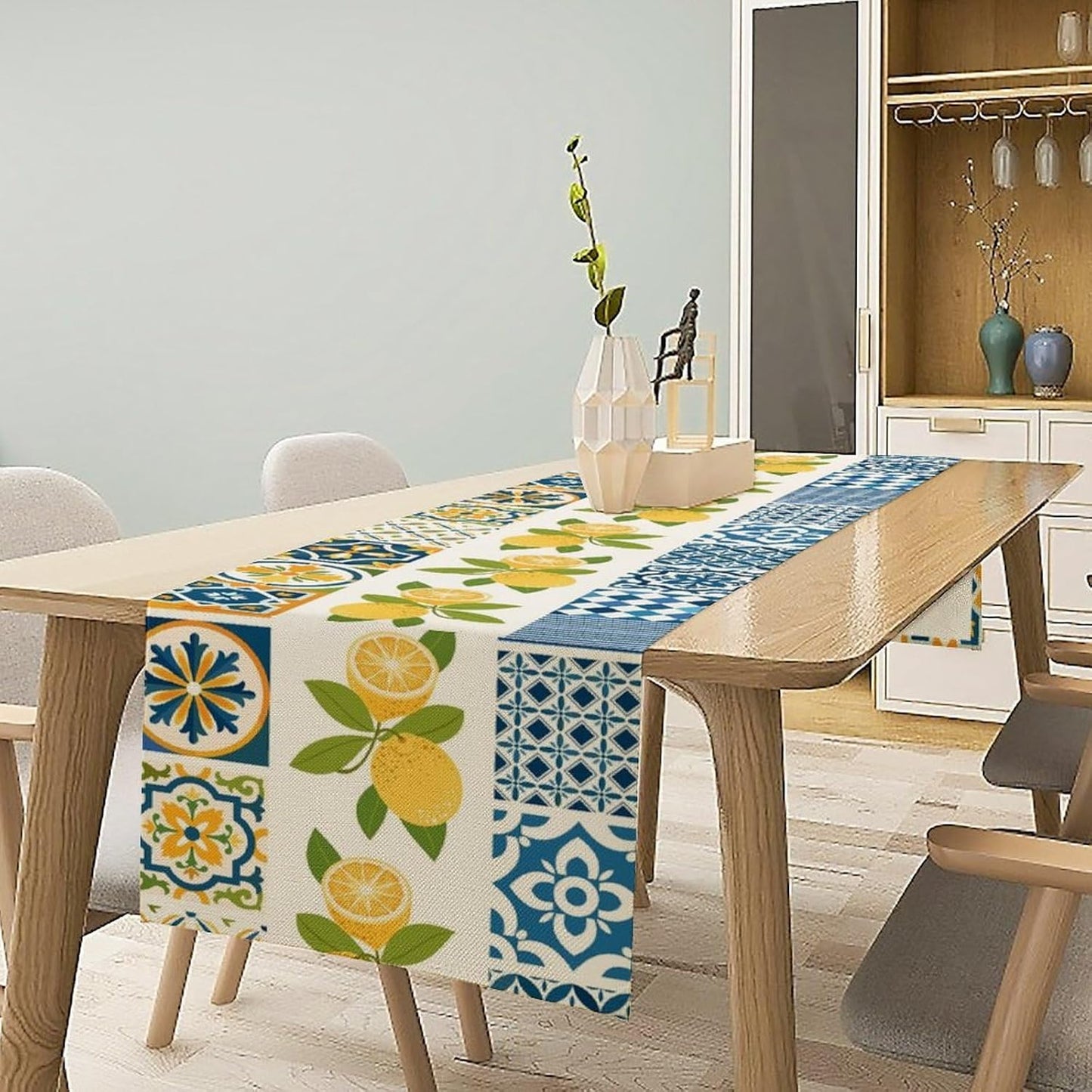 Lemon Table Runner,Watercolor Blue Fruits Green Leaves Print Table Cloth Kitchen Dining Table Home Party Decoration 13x72 Inch