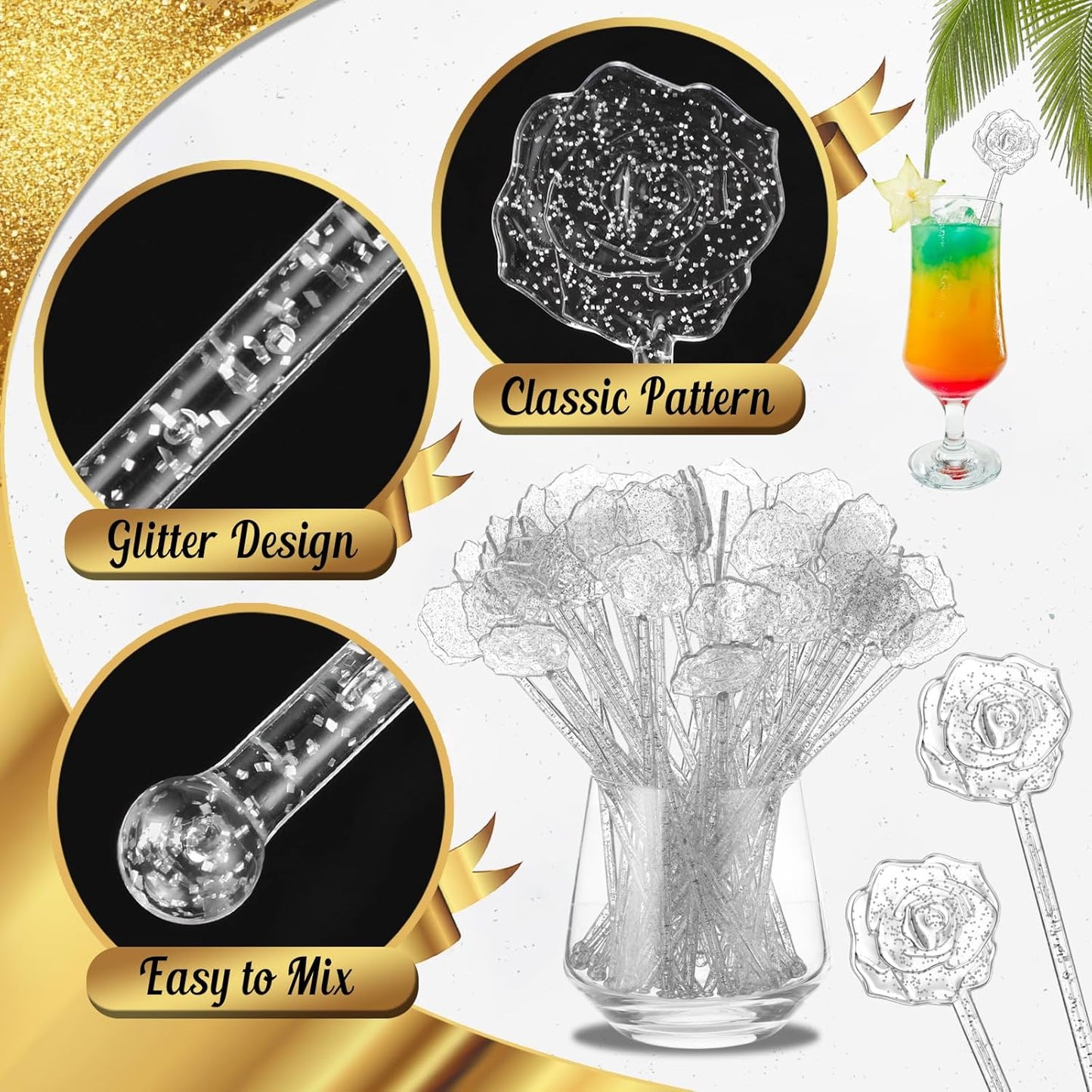 100 Pcs Silver Glitter Drink Stirrers Cocktails Plastic Swizzle Sticks 7.5 Inch Cupcake Pop Sticks Toppers Rose Top Wedding Drink Stirrers for Mixed Drinks Coffee Birthday Wedding Party