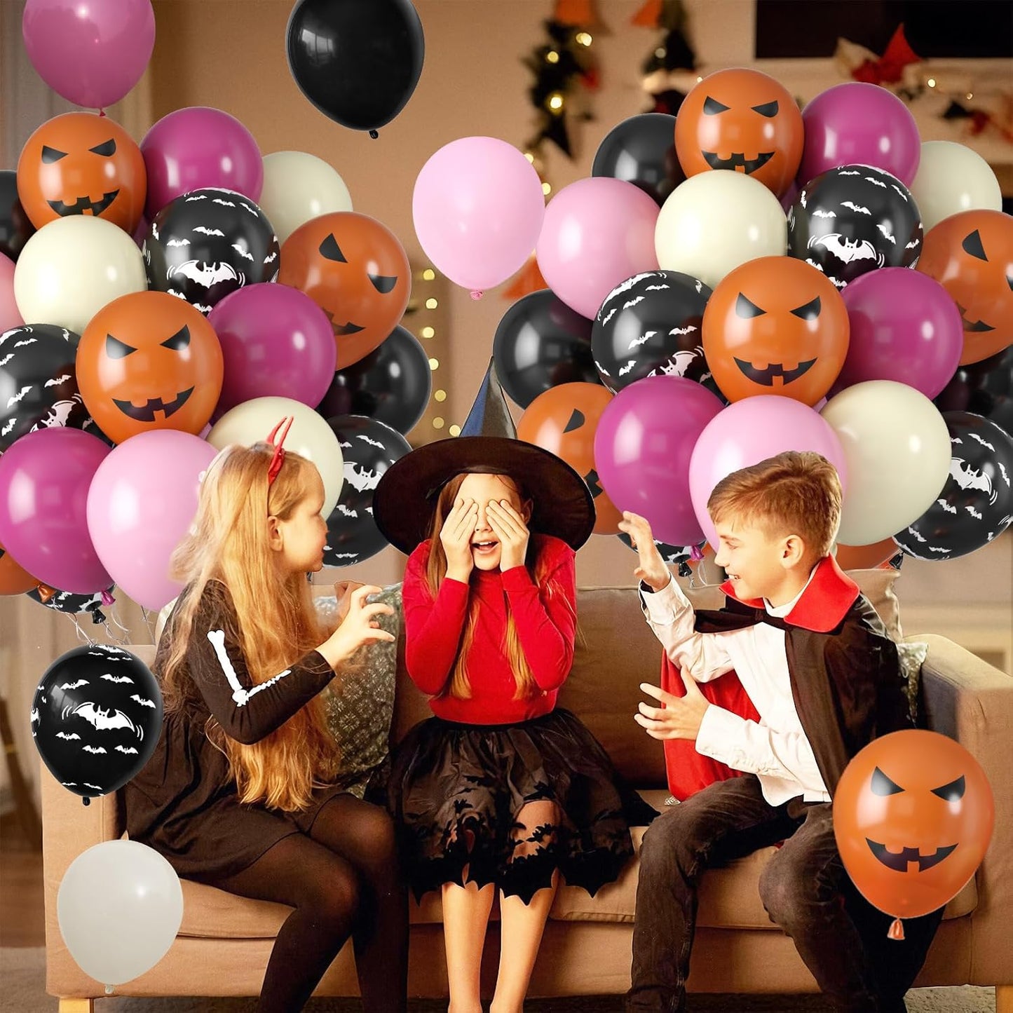 Halloween Party Balloons, Black Hot Pink Orange Balloons, Retro Peach Red Pastel Pink Balloon Black Bat Orange Pumpkin Printed Balloon for Halloween Birthday Baby Shower Home Garden Party Decoration