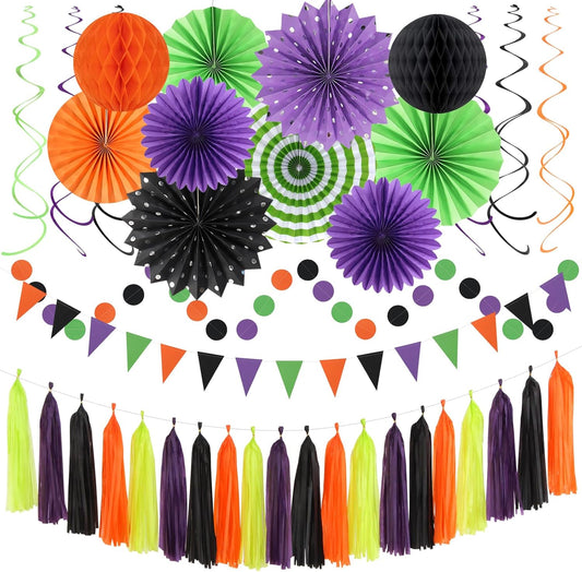 Orange Black Purple Green Party-Decorations - 33Pcs Banner,Halloween Streamers Tassel Garland,Tissue Pom Poms Honeycomb,Paper Lantern Fan,Birthday Wedding Baby Bridal Shower Decor Supplies Hugtmr