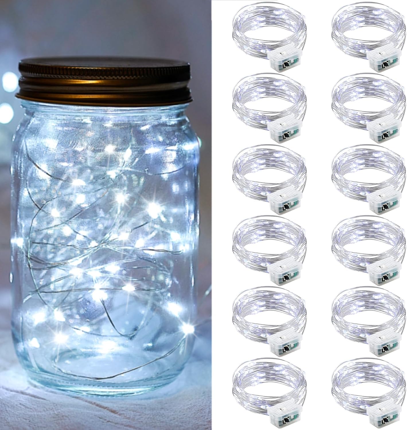 12 Pack White Fairy Lights 7Ft 20 LED Twinkle String Lights 3 Modes Battery Operated Waterproof Firefly Starry for Mason Jar Party Wedding Christmas Valentines Day Table Centerpieces,Cold White