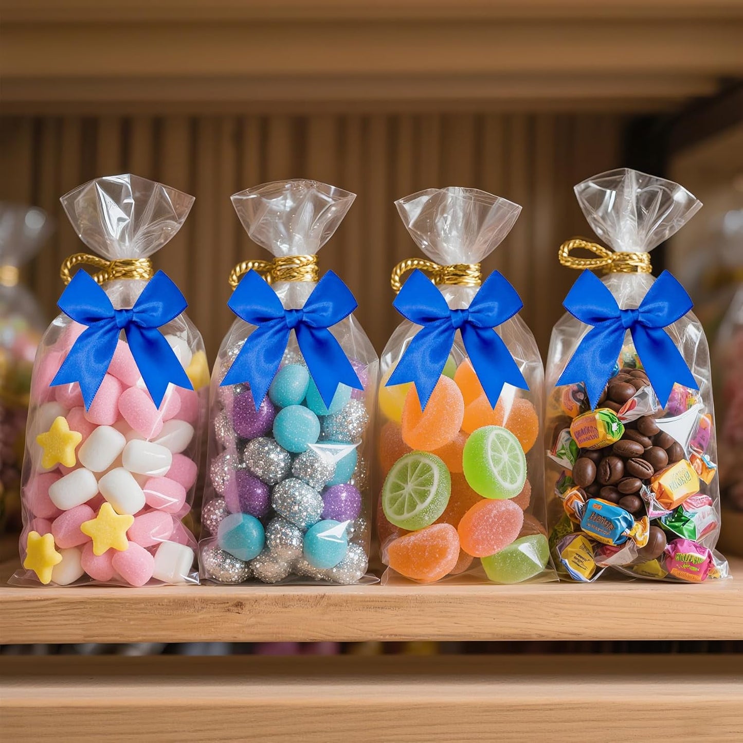 50 PCS Twist Tie Bows Satin Ribbon Bows 3.3 Inch Gift Wrap Bows Craft Bows for Gift Wrapping, Party Decorations Gifts Bag DIY Treat Bags Wedding Decor Baby Shower Christmas (Royal Blue)