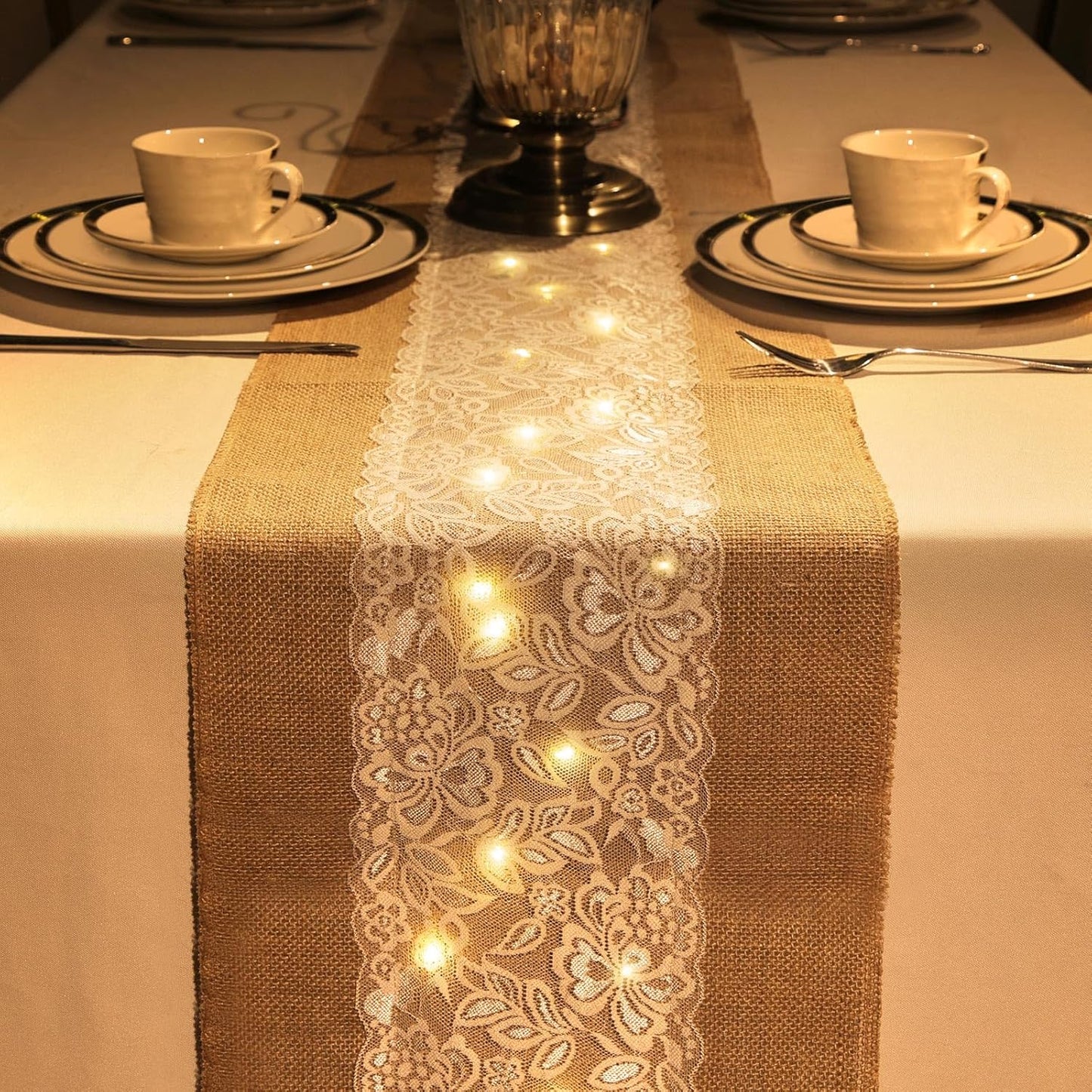 Xinnun 6 Pack Burlap Table Runner with LED String Lights, Modern Rustic Lace Natural Vintage Boho Jute Wedding Table Decor for Farmhouse Thanksgiving Christmas(Classic Style,12x108 Inches)