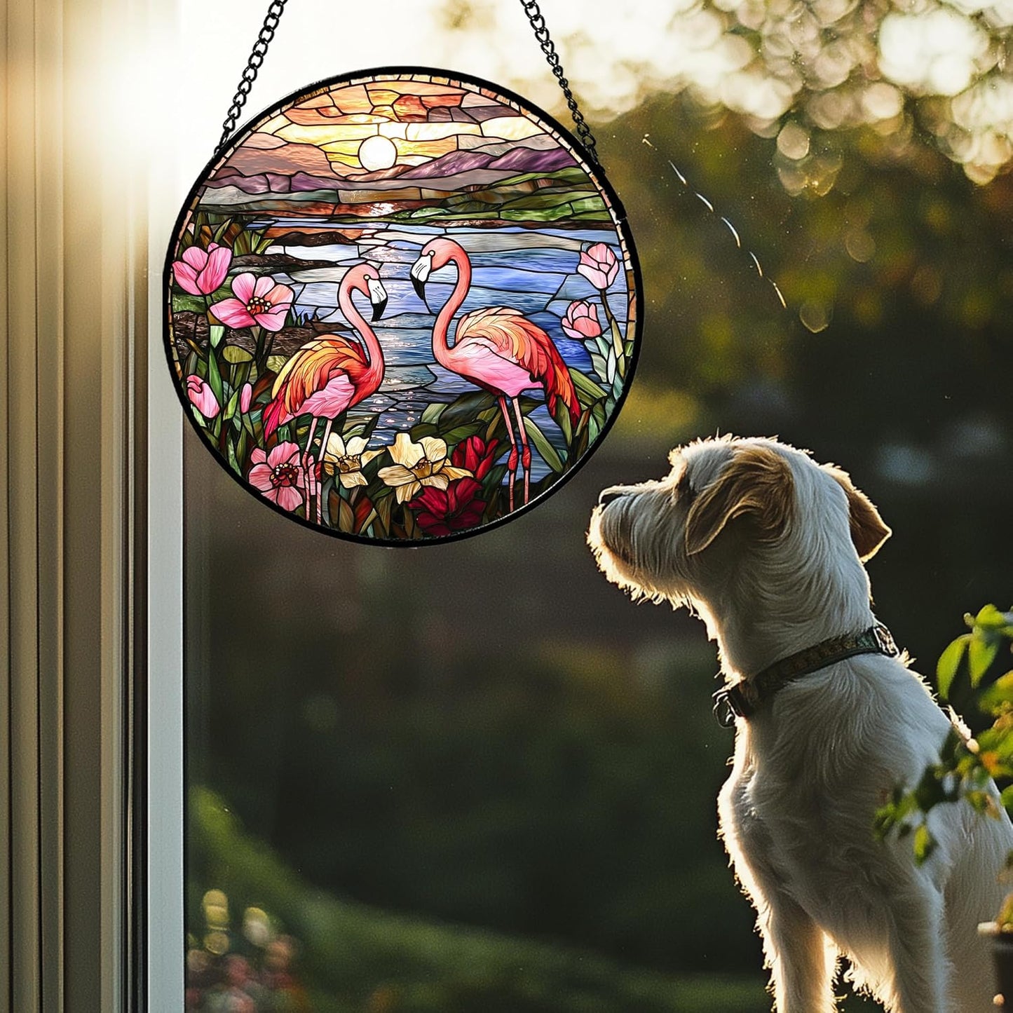 Stained Glass Window Hanging - Flamingo Wildflowers Landscape Suncatcher for Door Terrace Garden Home Decor Sunset Lake Sun Catcher Birthday Gifts for Lovers Women Men Dad Mom Nana 6.3 in