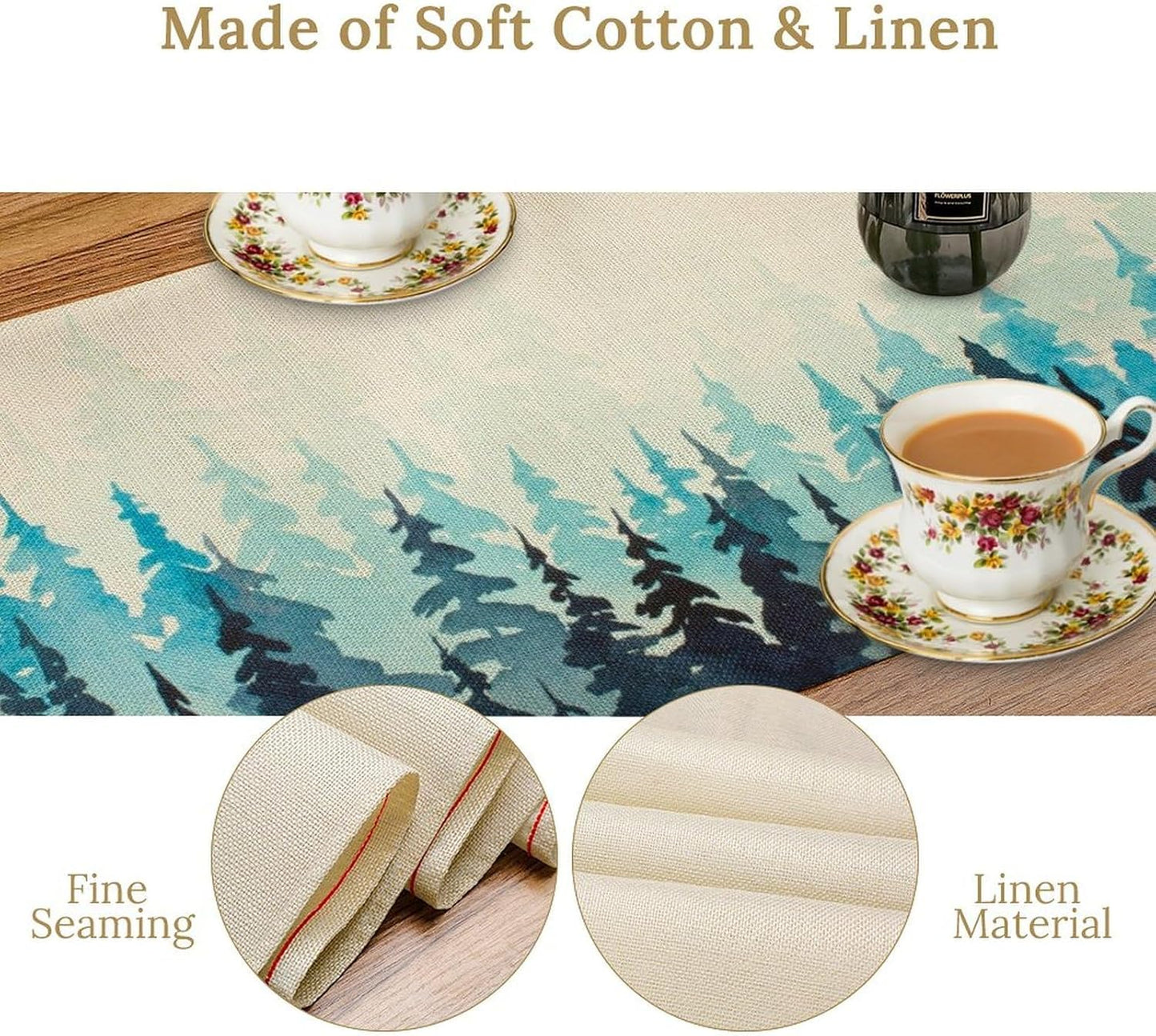 Misty Forest Table Runner,Foggy Blue Forest Landscape Table Runner for Kitchen Dining Table Home Party Decoration 13x90 Inch