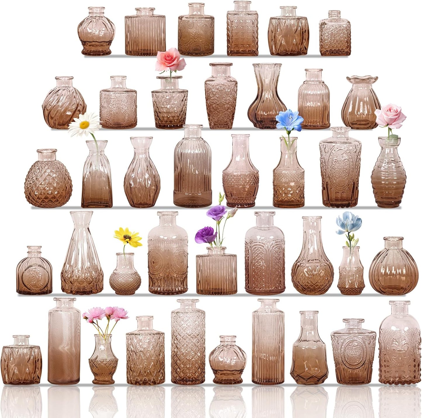 Set of 40 Glass Bud Vases, Small Amber Glass Vases in Bulk, Mini Vintage Embossed Flower Vase for Wedding, Centerpieces, Birthday Party, Baby Shower, Home Table Decorations (Amber)