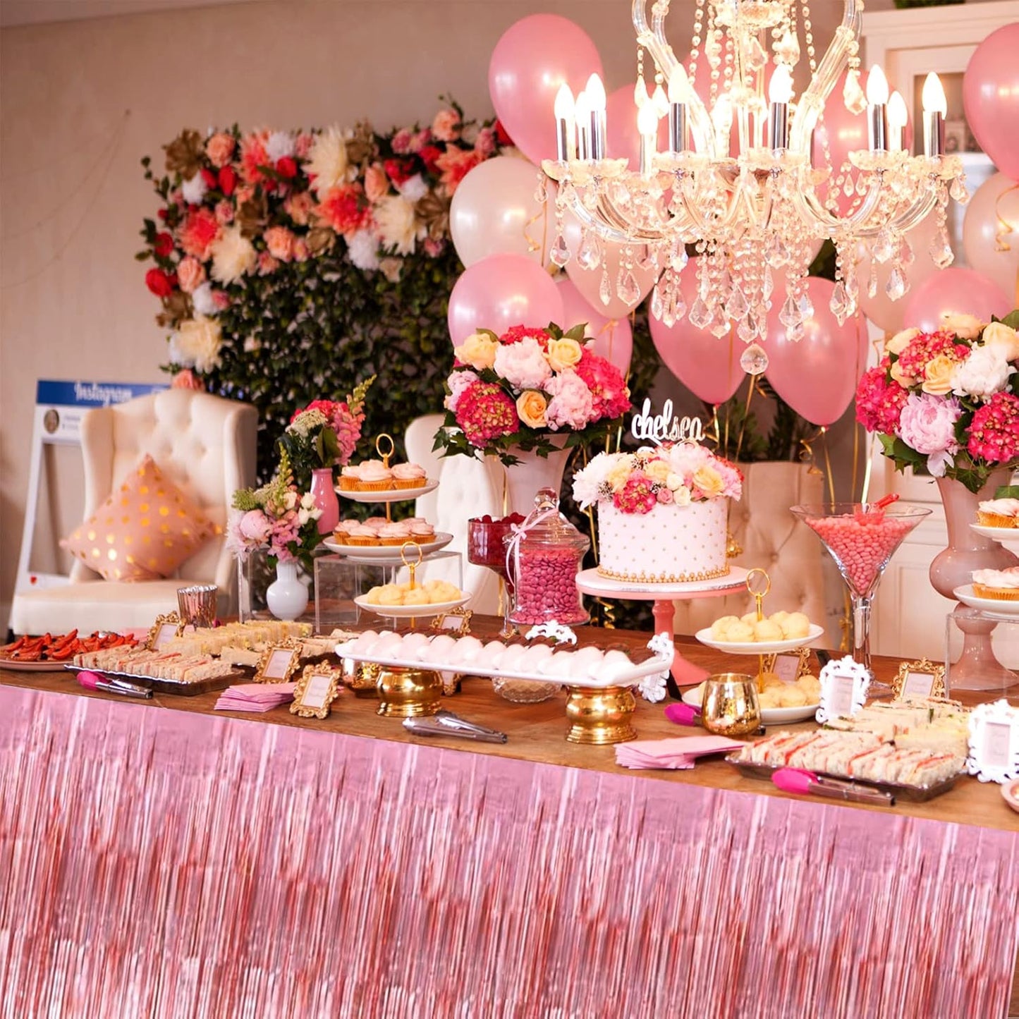 4 Pack 29x108 Inch Metallic Foil Fringe Tinsel Table Skirts for Rectangle Tables Streamer Backdrop for Wedding, Birthday, Parade Floats, Christmas, Halloween Party Decoration(New Rose Gold)