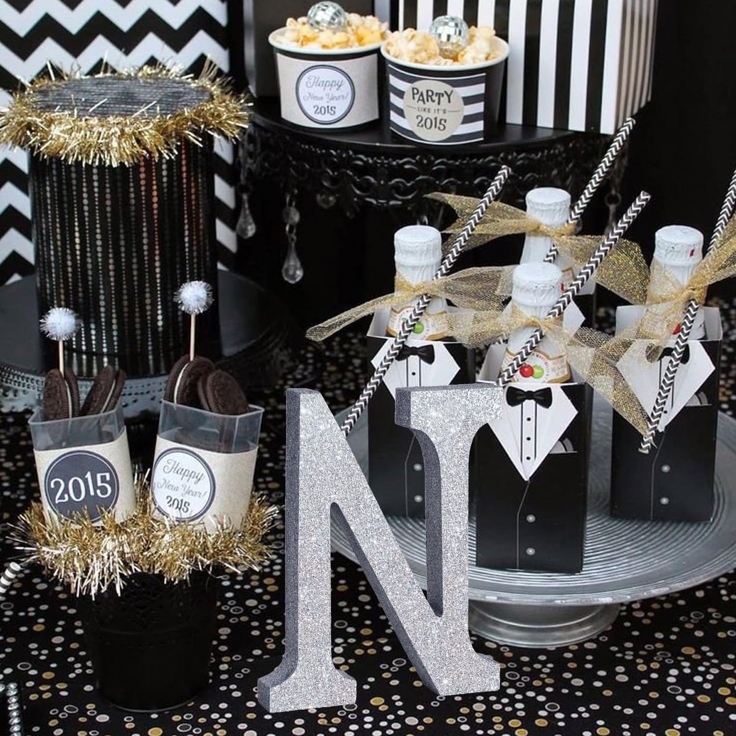 TONIFUL 8 Inch Silver Glitter Letter N Table Centerpiece A-Z Silver Birthday Party Decorations,Silver Alphabet N for Birthday,Chrismas,Graduation,Bridal Shower,Wedding,Anniversary Party Supplies