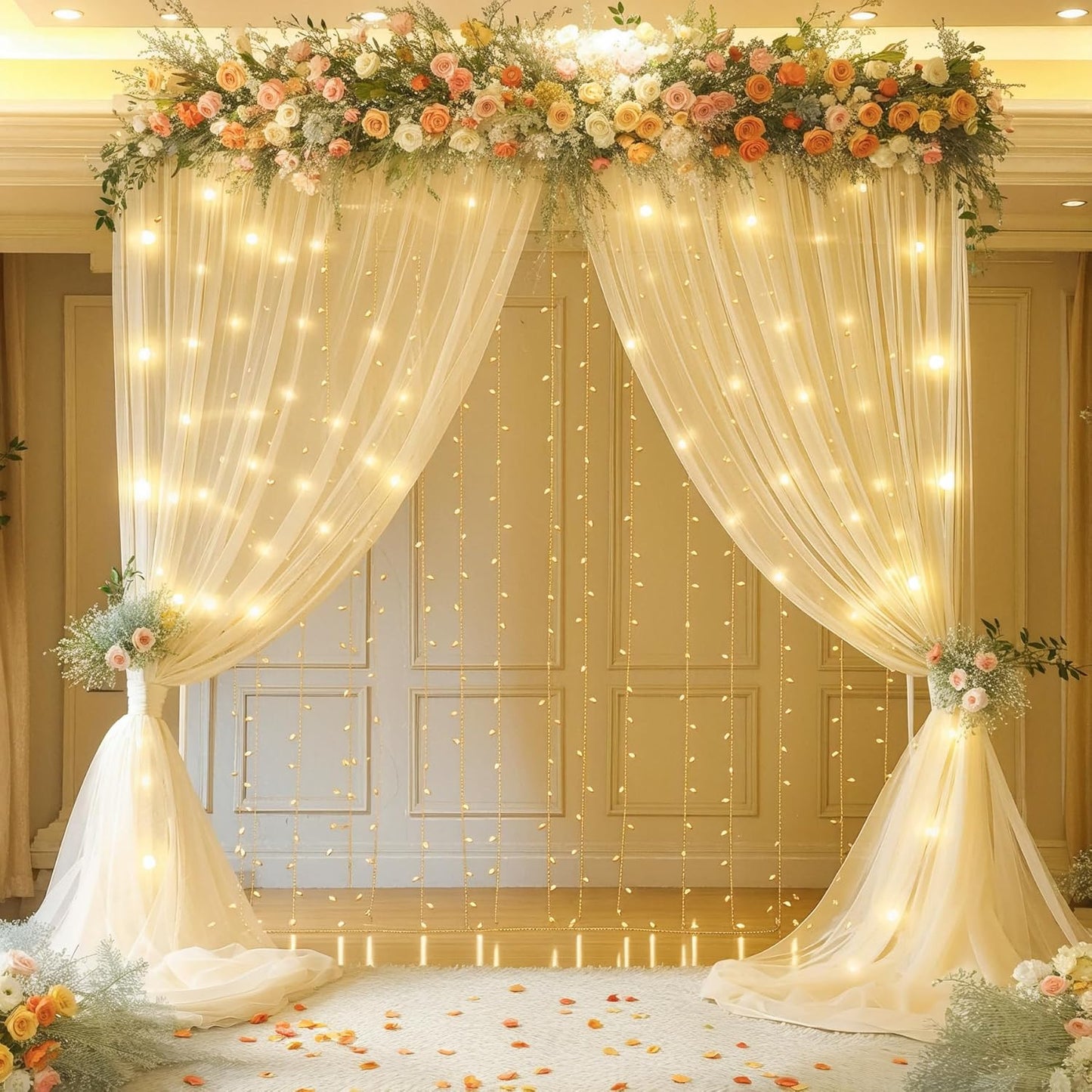 10ft x 10ft Champagne Sheer Tulle Backdrop Curtains with Lights String Wedding Backdrop for Reception Ceremony Birthday Party Baby Shower Photo Booth Background Decoration