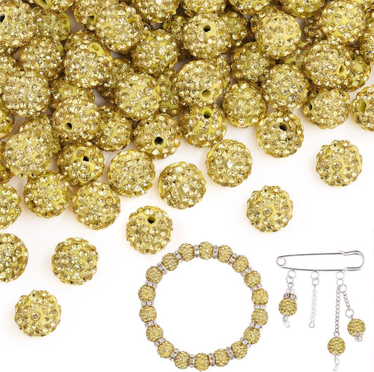 200pcs 10mm Light Yellow Rhinestone Beads for Jewelry Making, Shiny Round Shamballa Disco Ball Beads, Sparkle Crystal Clay Christmas for Bracelet Baseball Necklace Earring Crafting and DIY
