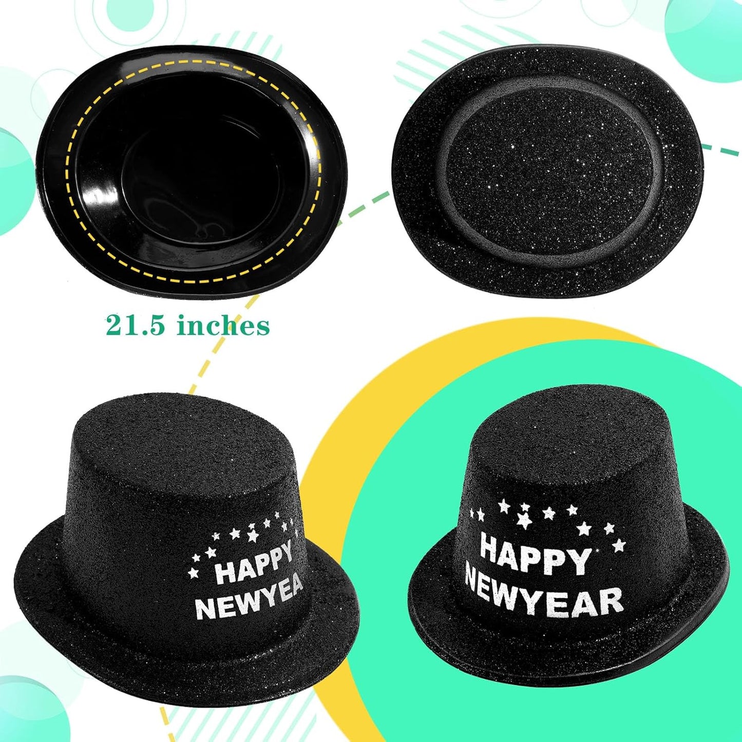 Hillban 12 Pcs Top Hats Halloween Glitter Plastic Retro Disco Party Hats for Halloween Magician Birthday Wedding Carnivals(Black with Letter,Novel)