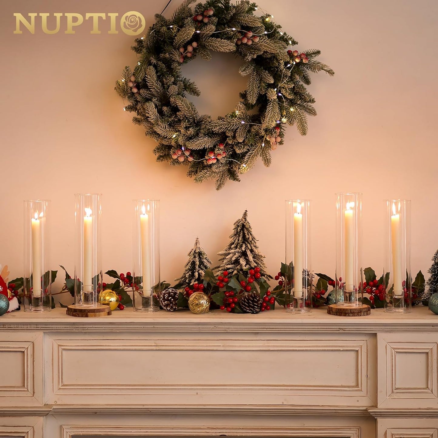 NUPTIO Candle Stick Candle Holder: Clear Glass Hurricane Candlestick Holders - Set of 6 Modern Taper Candle Stand with 11.8 inch Long Chimney Cover for Thanksgiving Christmas Fireplace Table Decor