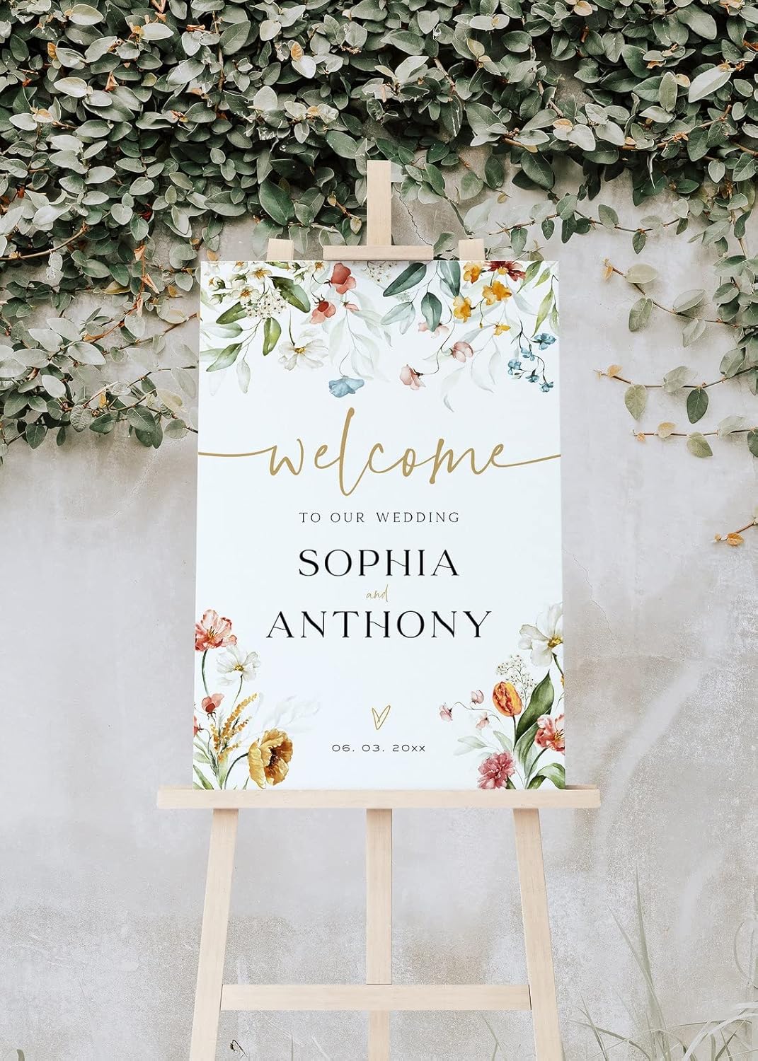 Generic Floral Wedding Welcome Sign, 18x27 inches, Plastic, 4 mm Thick, Tabletop/Hanging Mount, Includes Stand