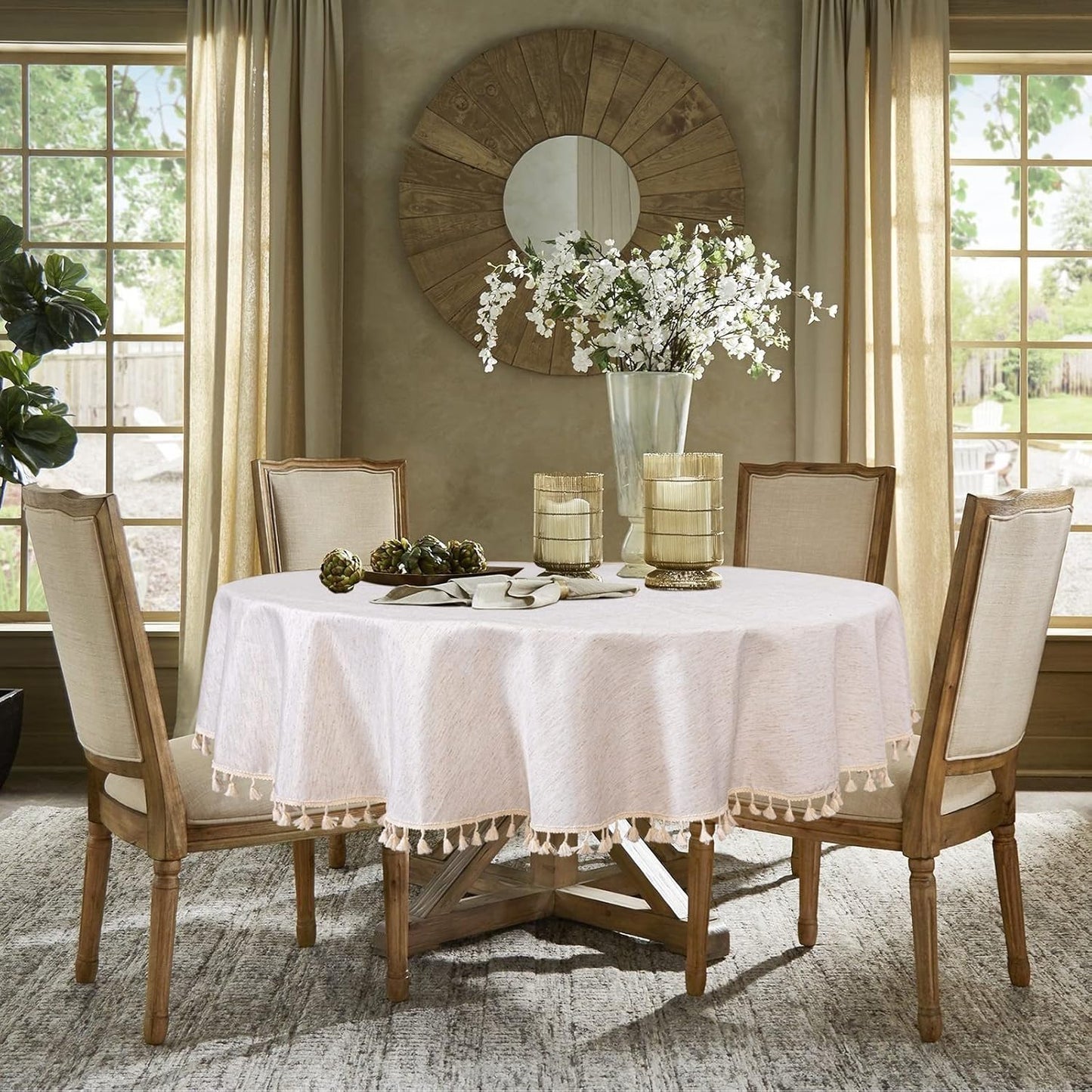 MYSKY HOME Table Cloth 60 in Round Cotton Tablecloth, Heavy Duty Linen Look Waterproof Tablecloths Farmhouse Tablecloth, Soft and Wrinkle Free Table Cover with Beige Tassels for Kitchen Dining, Party