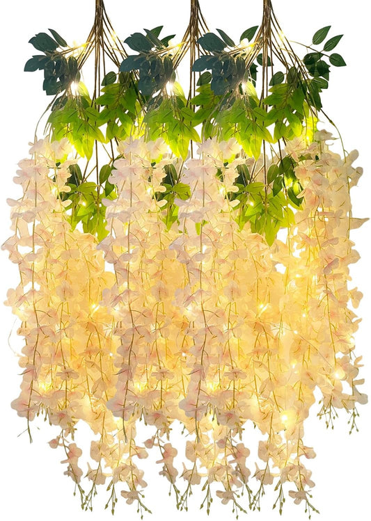 12 Pack Champagne Wisteria Hanging Flowers Garland with Lights, 3.44 Feet Artificial Flower Vines, Fake Wisteria, Artificial Vines Hanging Garland for Backdrop Outdoor Patio Garden Decor