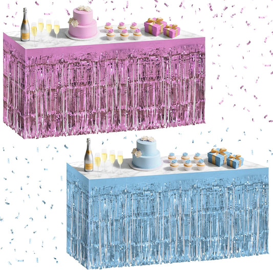 2 Pack Light Pink Light Blue Table Skirts, 29x108" Metallic Foil Tinsel Fringe Table Skirt for Rectangle Tables Streamer Curtains Backdrop, Party Decorations for Birthdays, Weddings, Holidays