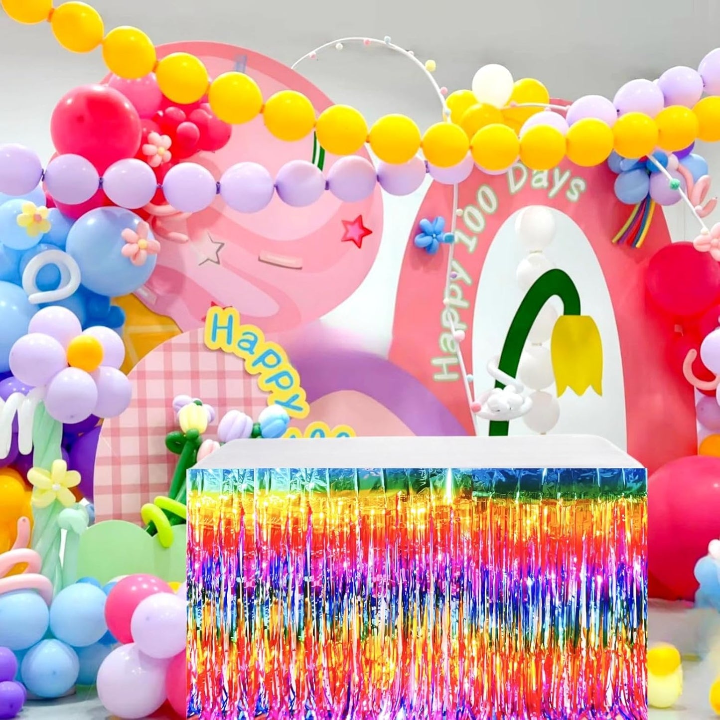 Rainbow Streamers Party Decorations, 2 Packs Gradient Rainbow Table Skirts Metallic Foil Fringe Tinsel for Birthday Unicorn Pride Gay Fiesta Graduation Float Parade Party Supplies - 29x108 Inch