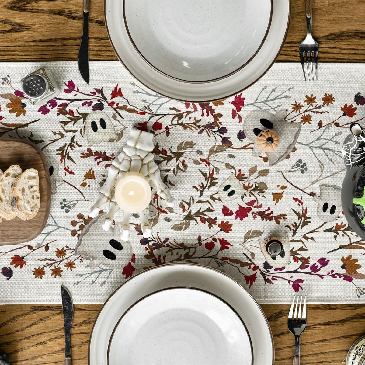 Artoid Mode Ghost Flowers Leaves 210 GSM Halloween Table Runner,Seasonal Fall Kitchen Dining Table Decoration for Home Party Decor 13x72 Inch