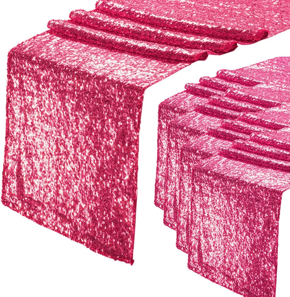 Eternal Beauty Hot Pink Table Runner for Wedding, 5PCS-12x108 Sequin Table Runner Decorations for Birthday Parties, Banquets, Graduations,Christmas