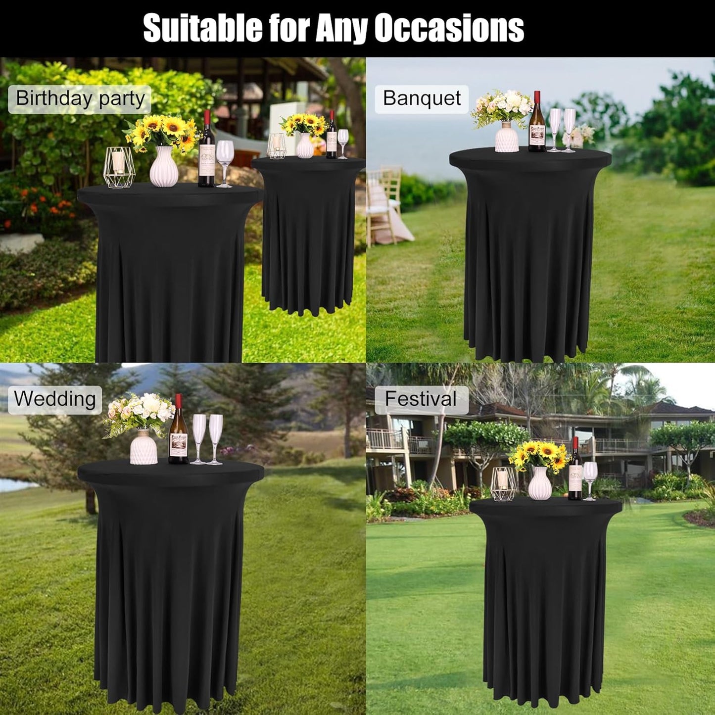 Fivenl 2 Pack Spandex Cocktail Table Skirt 32"x 43" Black Stretch Cocktail Table Cover, Washable Round High Top Tablecloth for Bar, Wedding, Party, Events (Black)