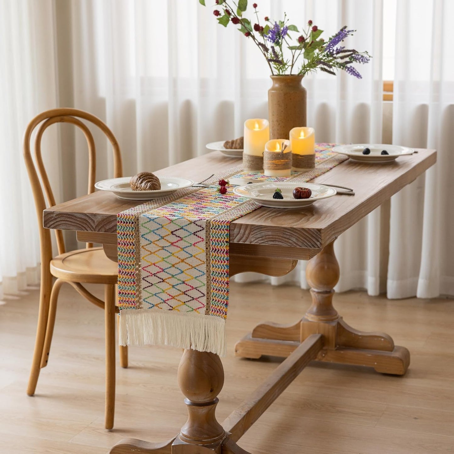 Boho Table Runner Colorful for Home Decor 12x90 Inches Farmhouse Macrame Burlap Jute Rustic Dining Kitchen Centerpiece Bohemian Decor French Country Baby Bridal Shower Decorations