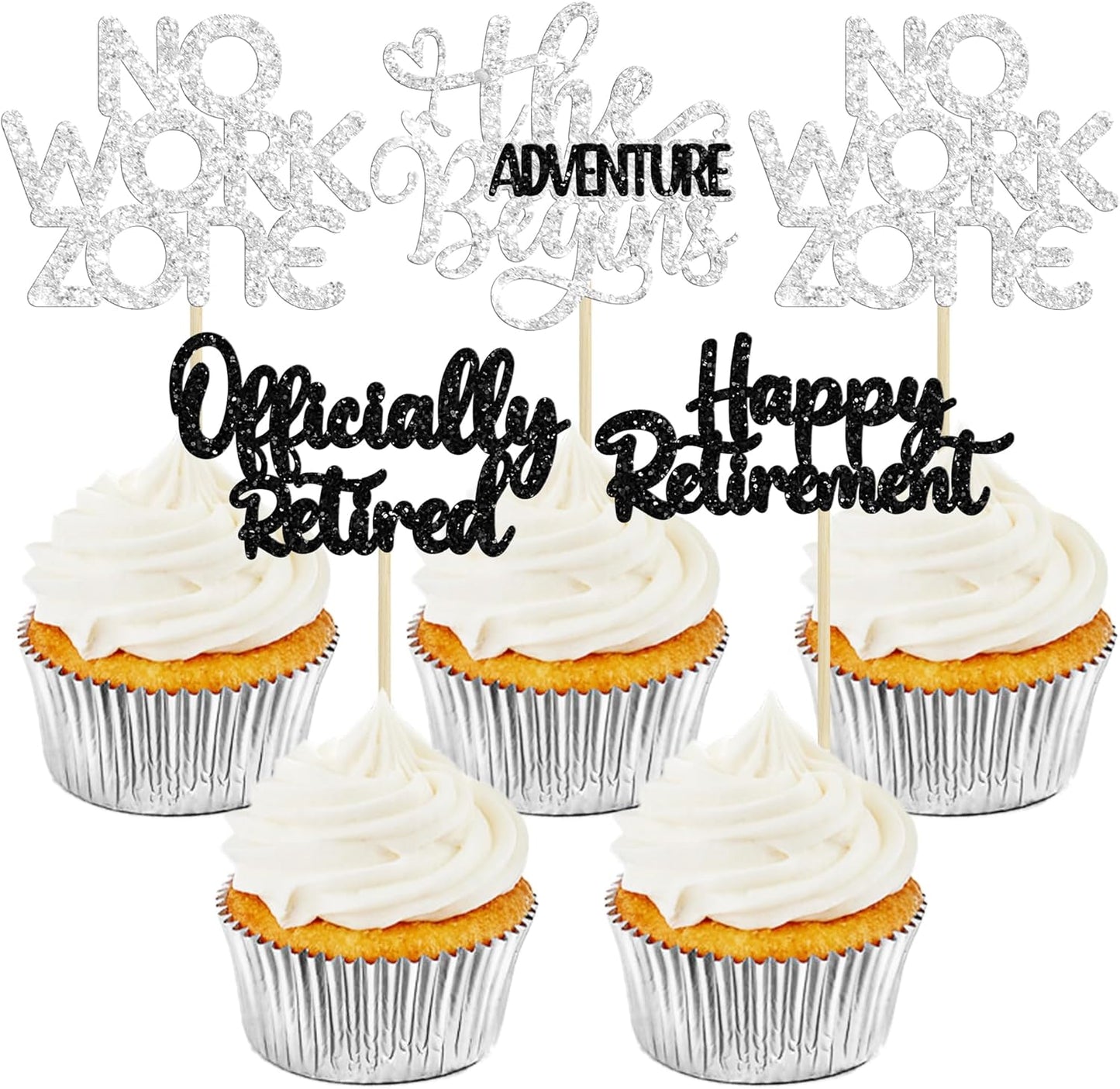 24Pcs Happy Retirement Cupcake Toppers Officially Retired Cake Toppers No Work Zone Adventure Begins Cupcake Picks Retirement Theme Farewell Birthday Party Decorations Supplies Silver