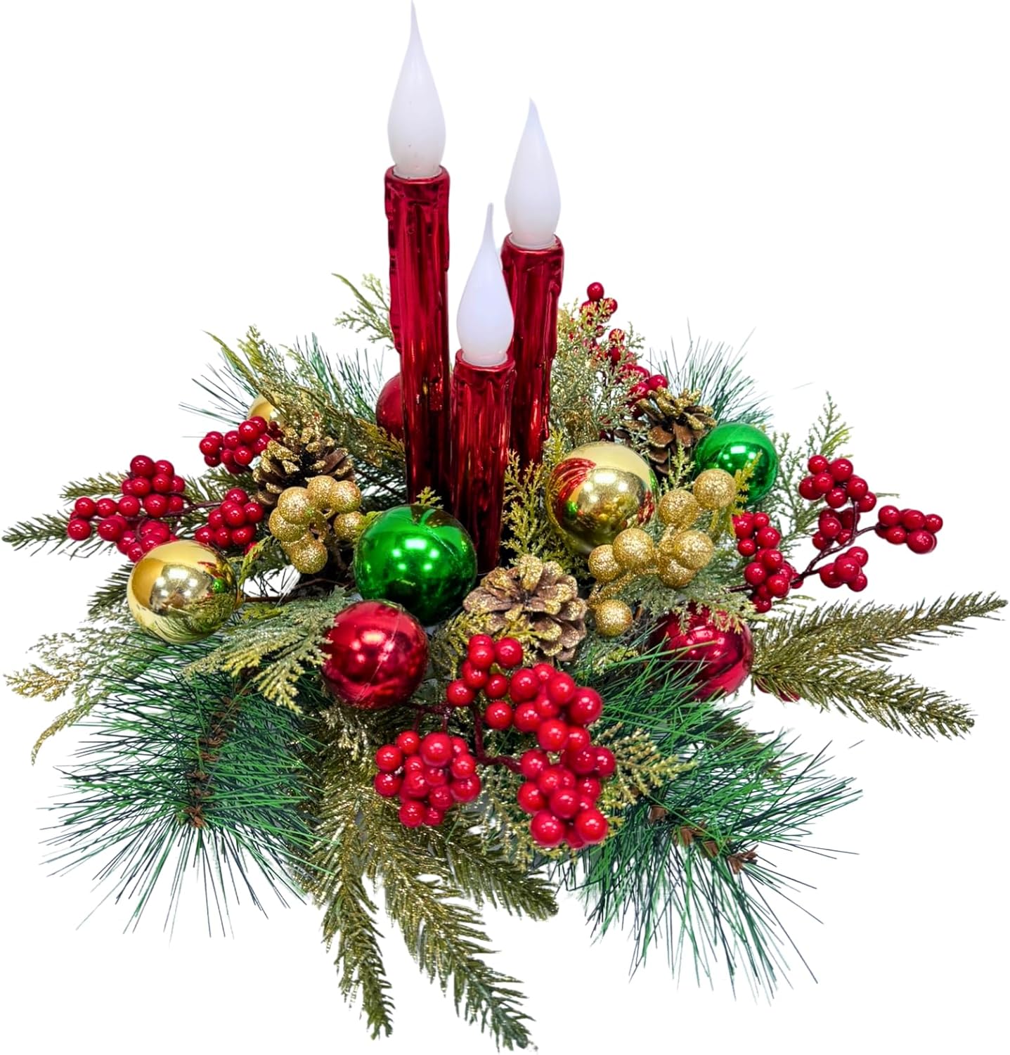 Christmas Floral Arrangement Centerpiece with 3 Flameless LED Candles, Battery Operated Lighted Holiday Table Decoration with Pine, Berries & Ornaments Holiday Winter Decorations