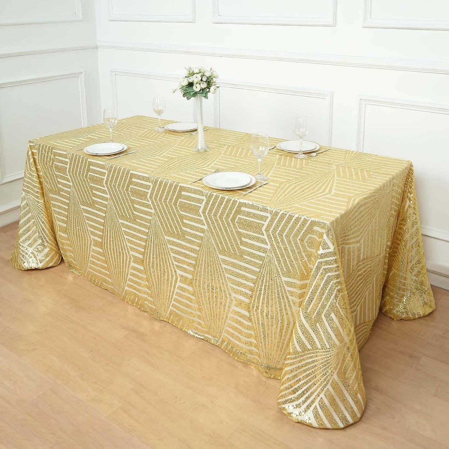 Efavormart 90"X132" Gold Sparkly Sequin Geometric Tulle Rectangular Tablecloth