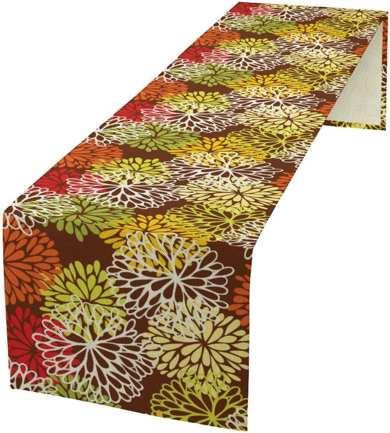 Brown Dahlia Floral Table Runner, Seasonal Autumn Thanksgiving Pattern Print for Home Kitchen Table Decor Dining Coffee Room Party Decor 13x108 Inch