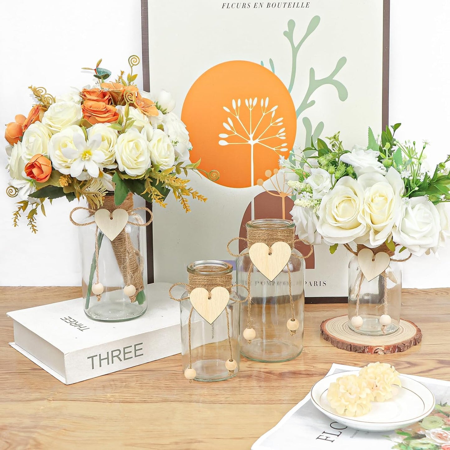 Vintage Glass Vases for Flowers, Set of 6 Mason Jar Vase Table Centerpieces for Farmhouse Room Decor, Wedding, Bridal Shower Bud Vase Set (Medium)