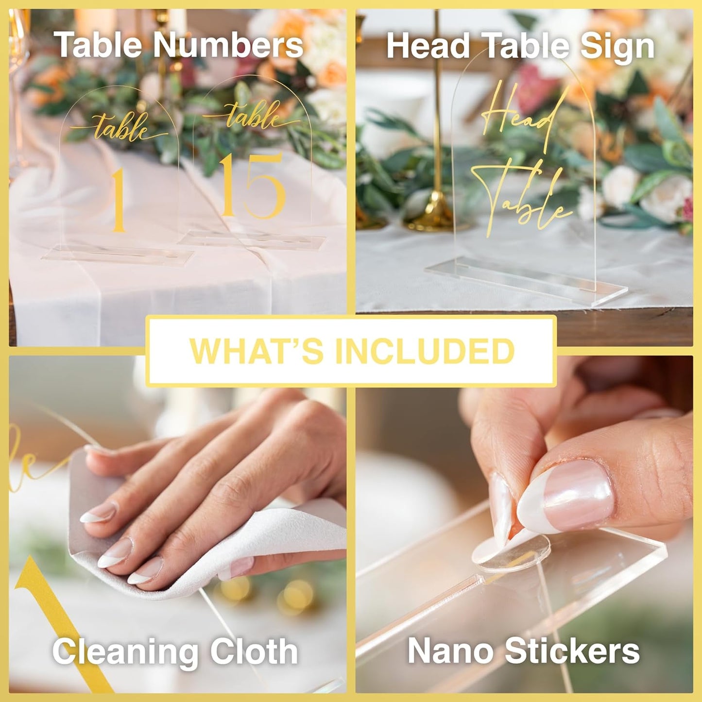 Clear Arch Acrylic Table Numbers for Wedding Reception - 5" x 7" Gold Font Centerpiece Set with Holder Stands & Head Table Sign - Anniversary, Event, Party, Wedding Set 1-20