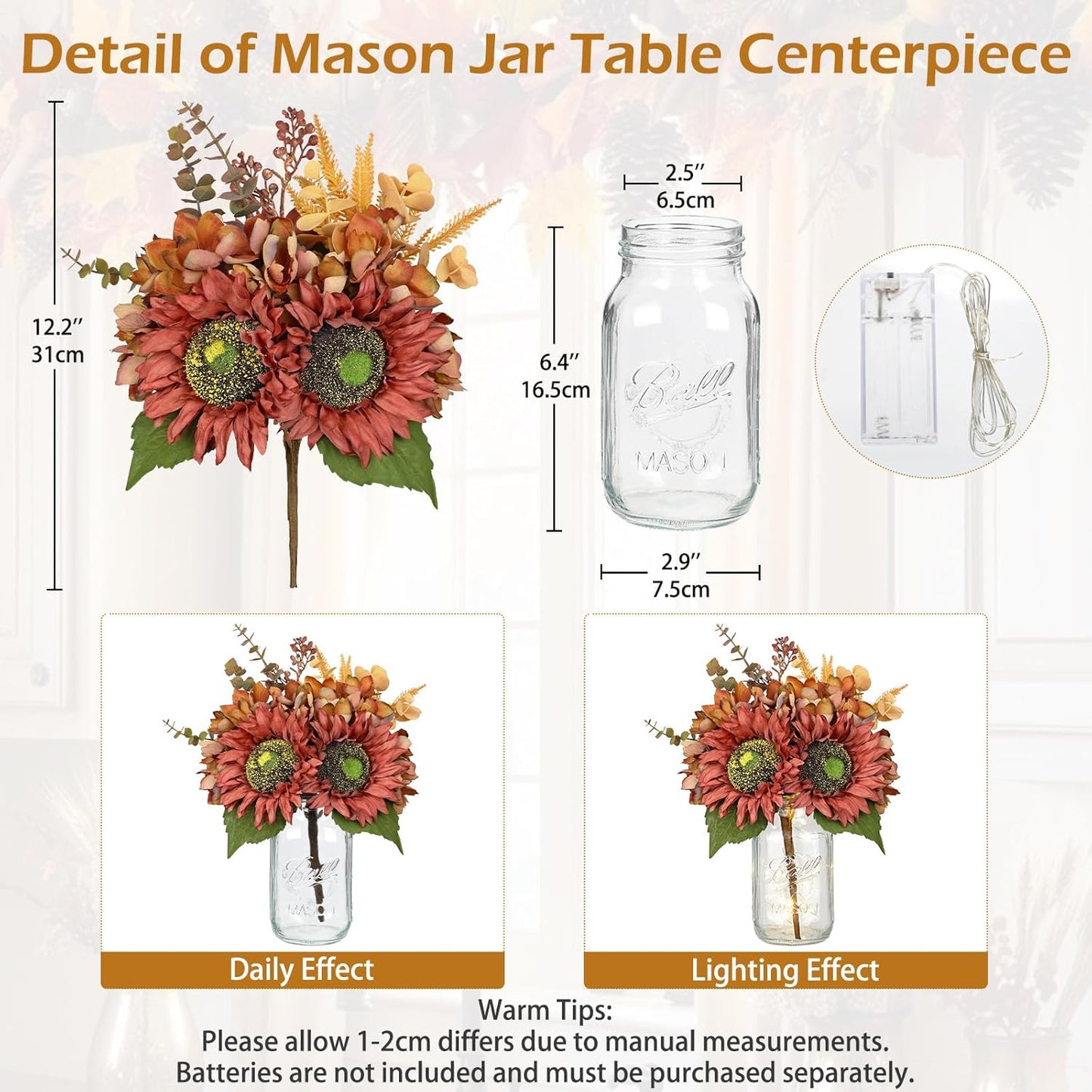 Silk Sunflowers Artificial Flowers with Mason Jar Centerpiece for Table Orange Red Fall Flowers in Vase Fall Floral Arrangement with Vase Thanksgiving Centerpiece for Dining Room Table Autumn Decor