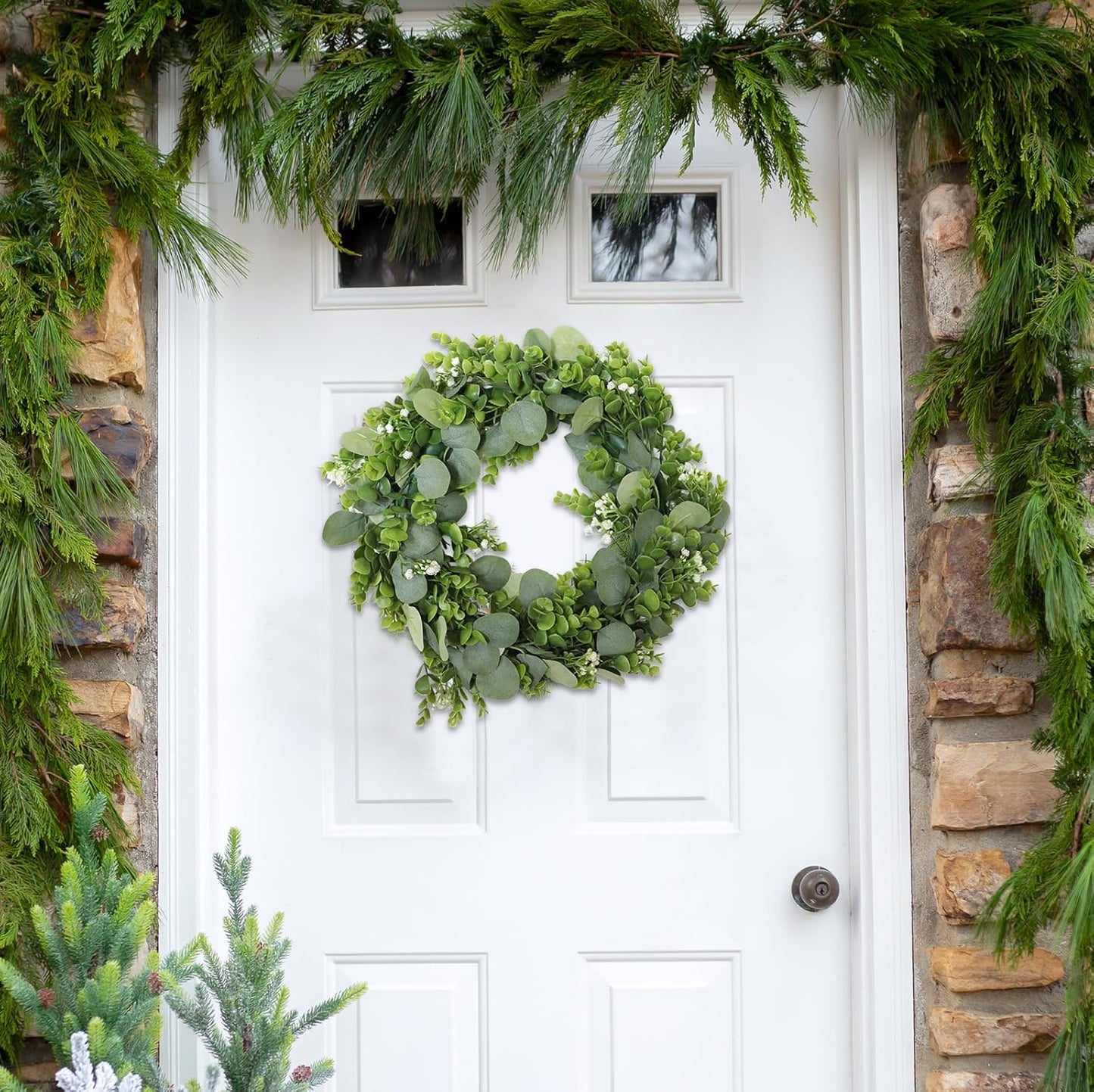 MAKHOT Artificial Porch Decor Greenery Wreath, Eucalyptus Leaf Wreath, Suitable for Indoor and Outdoor use on Home Decor and Farmhouse-Style Front Doors, Suitable for Spring, Summer, Fall, and Winter